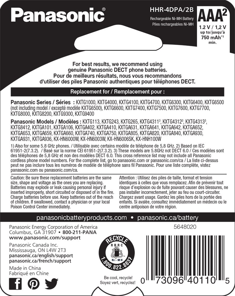 Panasonic HHR4DPA Genuine AAA NiMH Rechargeable Batteries (2-Pack, Orange) - High-Performance Power for DECT Cordless Phones, Wireless Keyboards & Household Electronics
