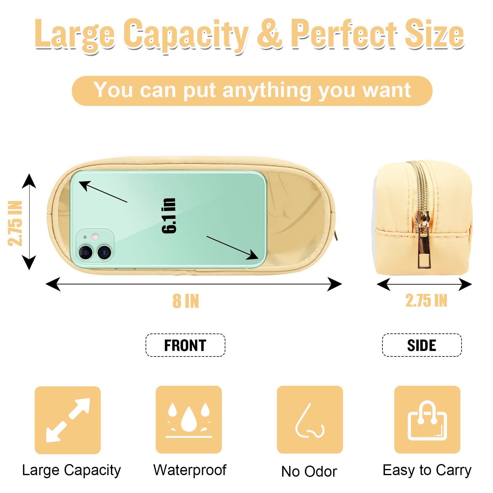 Nylon Small Clear Makeup Bag Slim Pouch - Cute Preppy Cosmetic Zipper Pouch for Women & Girls | Travel Toiletry Bag, Makeup Brush Case, Purse Organizer, Coin Pouch (Beige) - Perfect for Daily Use, Traveling & Gift Giving