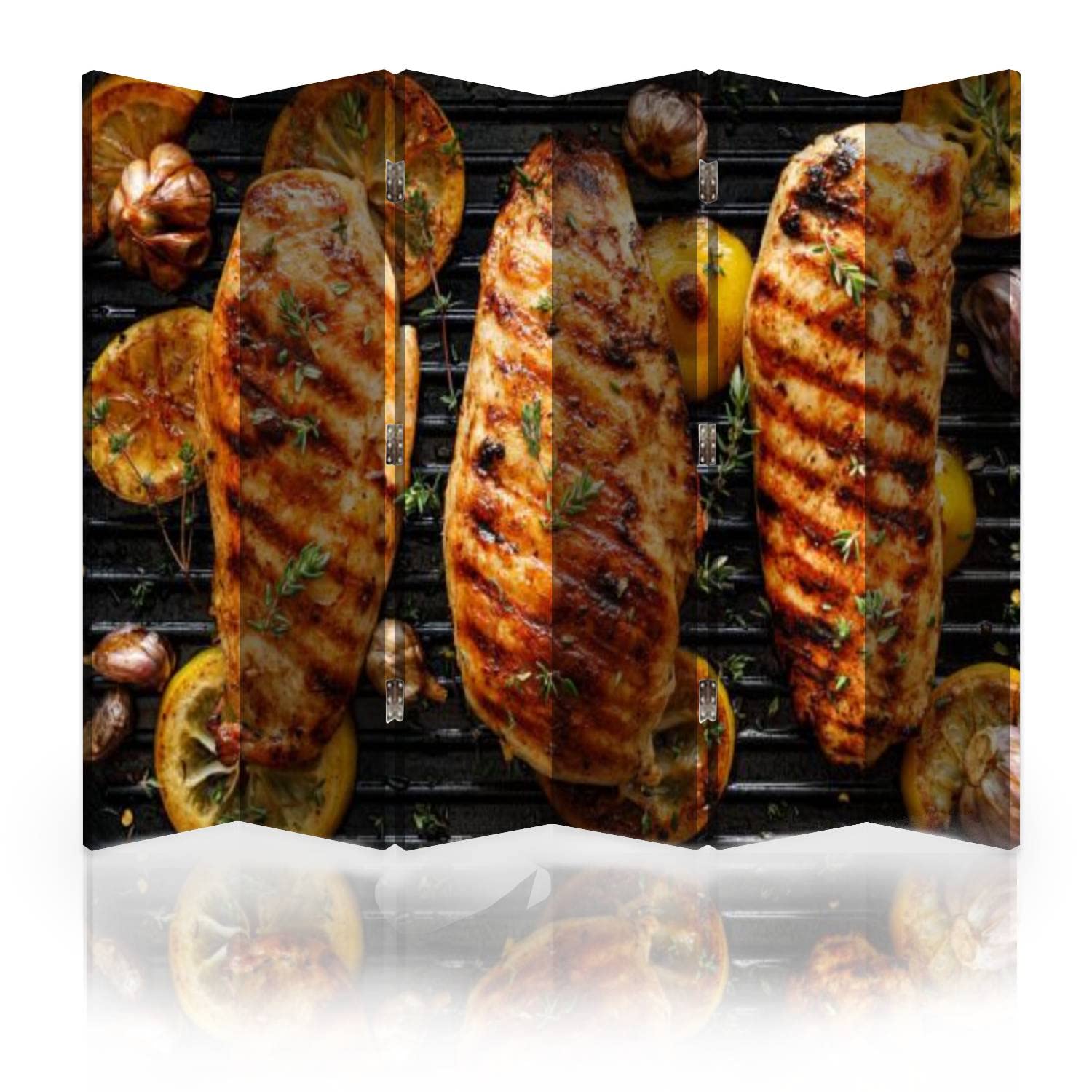 6-Panel Canvas Room Divider Screen - Foldable Privacy Partition Wall for Home & Office | Grilled Chicken with Thyme, Garlic & Lemon Slices Cooking Inspiration | Perfect for Living Rooms, Bedrooms, and Open Space Layouts