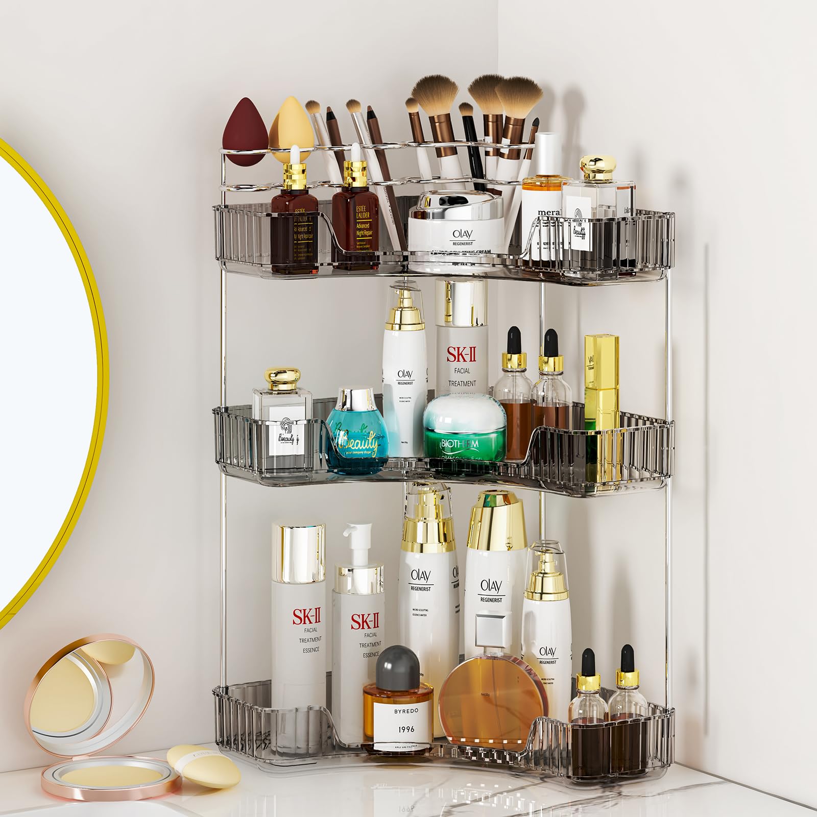 SUNZOS Modern 3-Tier Acrylic Bathroom Organizer with Brush Holder - Large Capacity Corner Makeup Storage for Vanity, Kitchen Countertop, Dresser - Space Saving Gray Organizer for Cosmetics, Skincare & Beauty Tools