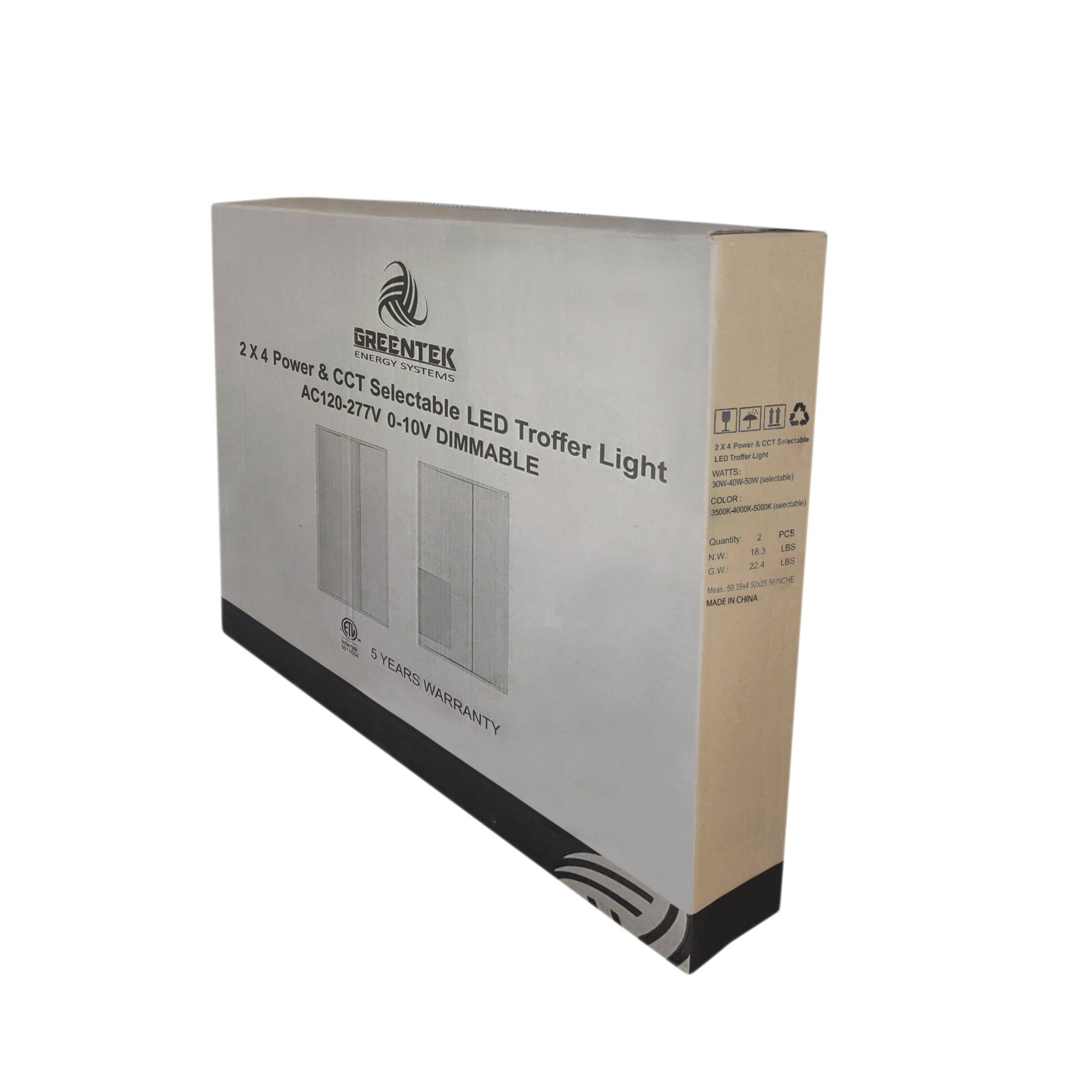 2x4 LED Troffer Light 50W 2 Pack - Wattage Tunable (30W/40W/50W) & CCT Selectable (3500K/4000K/5000K) Dimmable - UL & DLC 5.1 Certified - Perfect for Office, Classroom, and Commercial Lighting