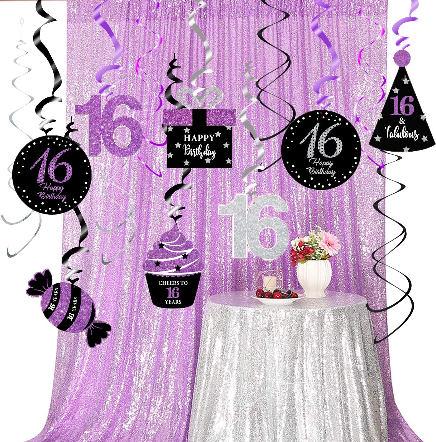 Sweet 16 Birthday Party Decorations - Purple & Silver Black Foil Hanging Swirls Banner for Girls | 16th Birthday Party Supplies | Perfect for Sweet Sixteen Decor, Wall Decorations & Photo Backdrops