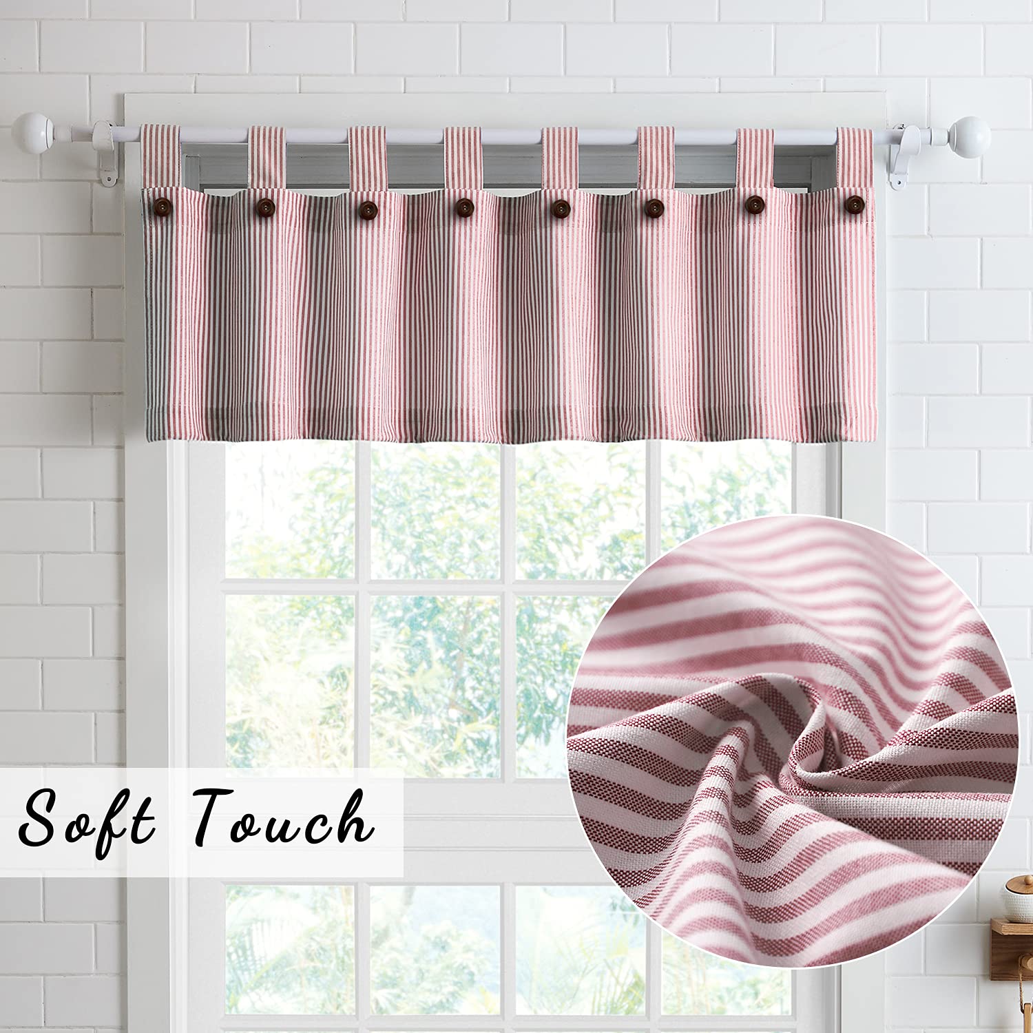 July Joy Cotton Kitchen Curtain Set - Light Filtering Tab Top Valance & Tiers with Ticking Stripe for Privacy, Perfect for Cafe, Kitchen, Bathroom, and Living Room Windows