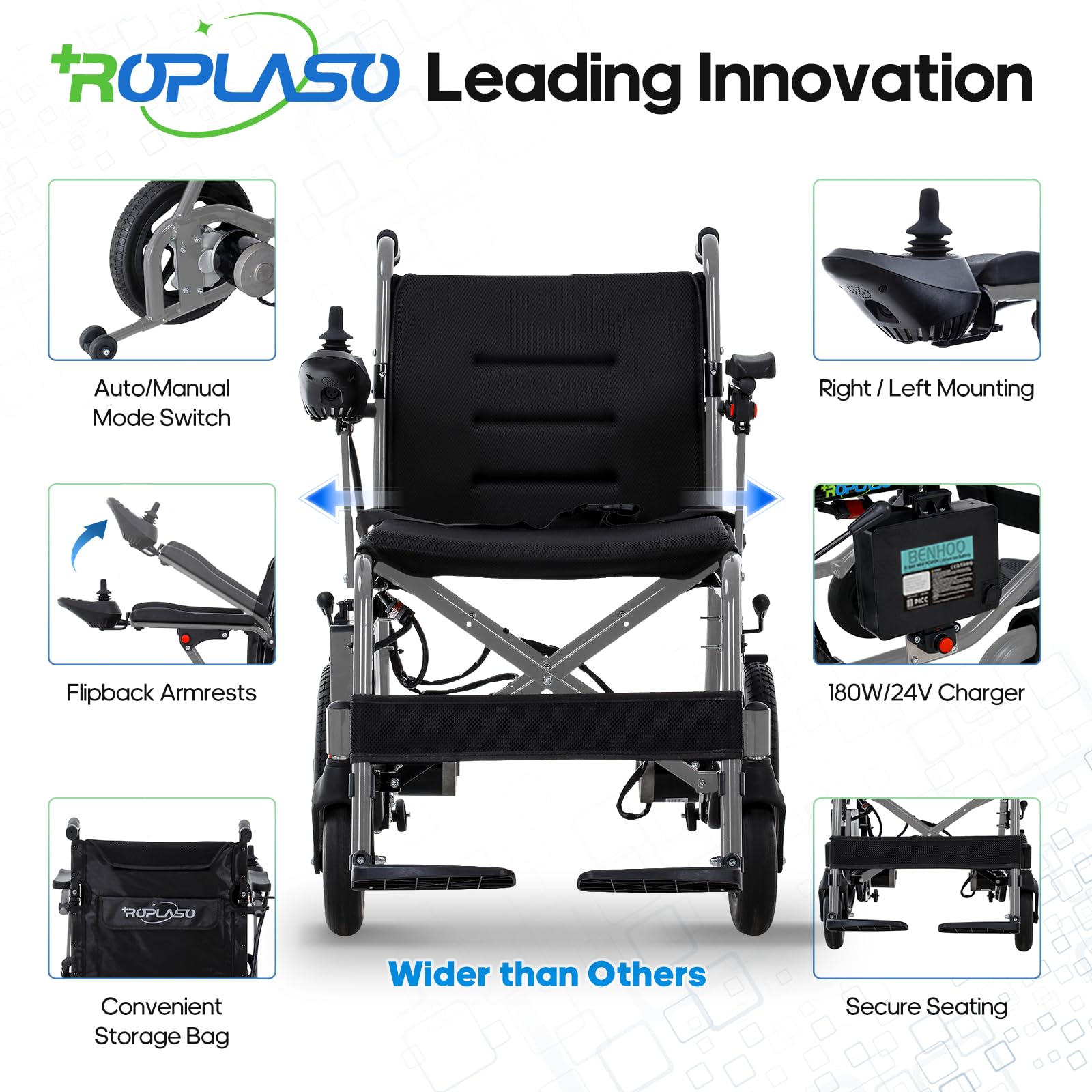 Lightweight Foldable Electric Wheelchair for Adults & Seniors - Dark Grey Power Motorized Wheelchair with Comfortable Seat - Perfect for Indoor/Outdoor Use, Travel & Daily Mobility