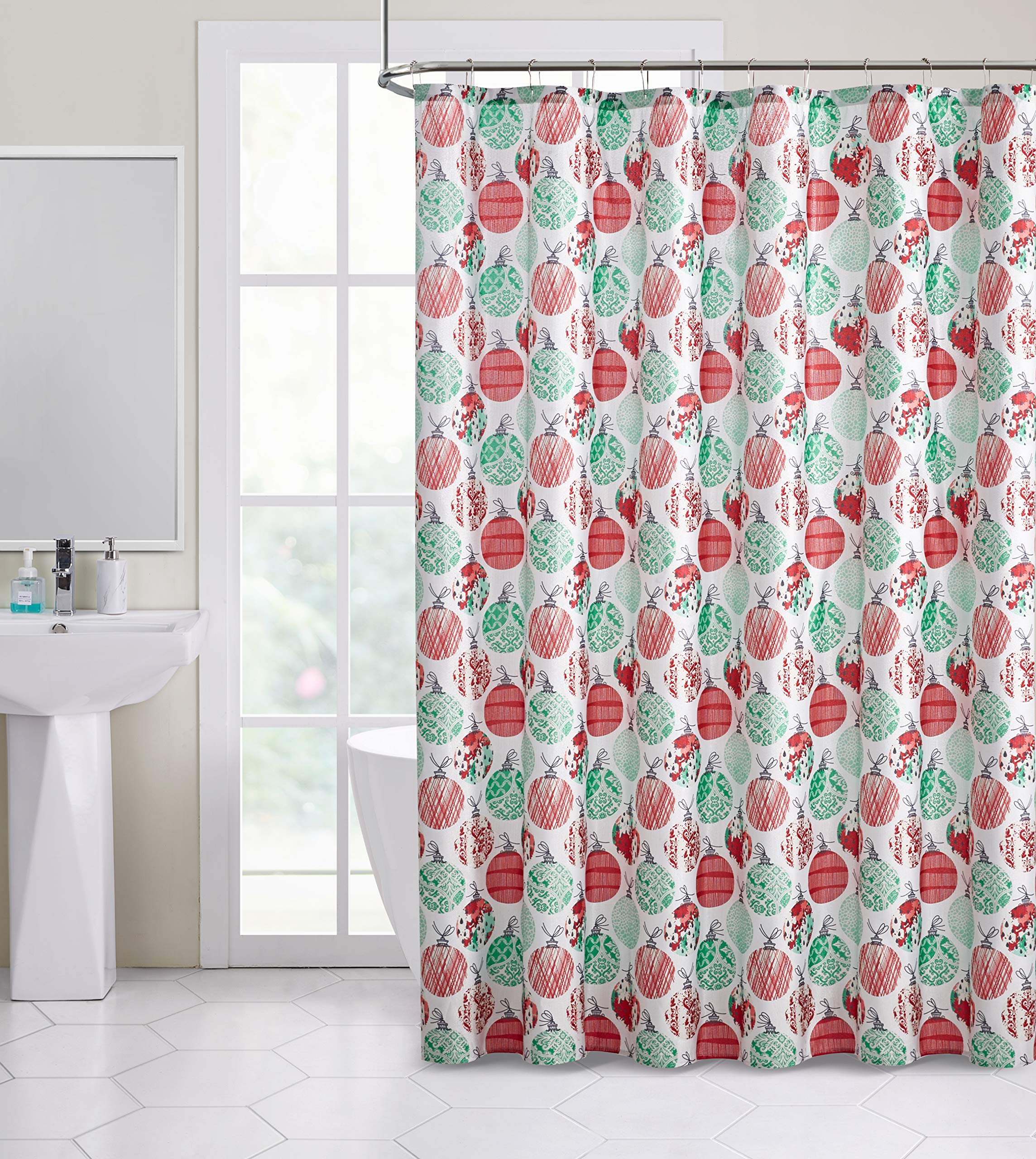 Festive Christmas Fabric Shower Curtain - Red & Green Holiday Design with Lurex Shimmer, Waterproof Bathroom Decor for Xmas Party & Home Celebration (72x72 Inches)
