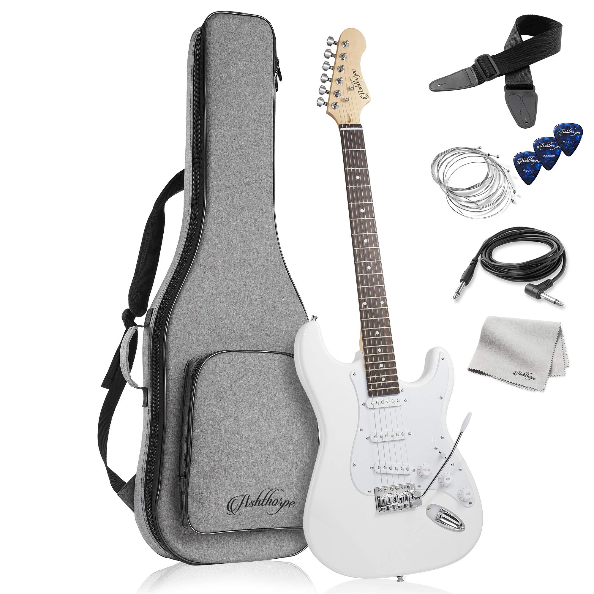 Ashthorpe 39-Inch Full Size Electric Guitar Kit - White Finish with Padded Gig Bag, Tremolo Bar, Strap, Strings, Cable, Cleaning Cloth & Picks - Perfect for Beginners, Practice & Live Performances