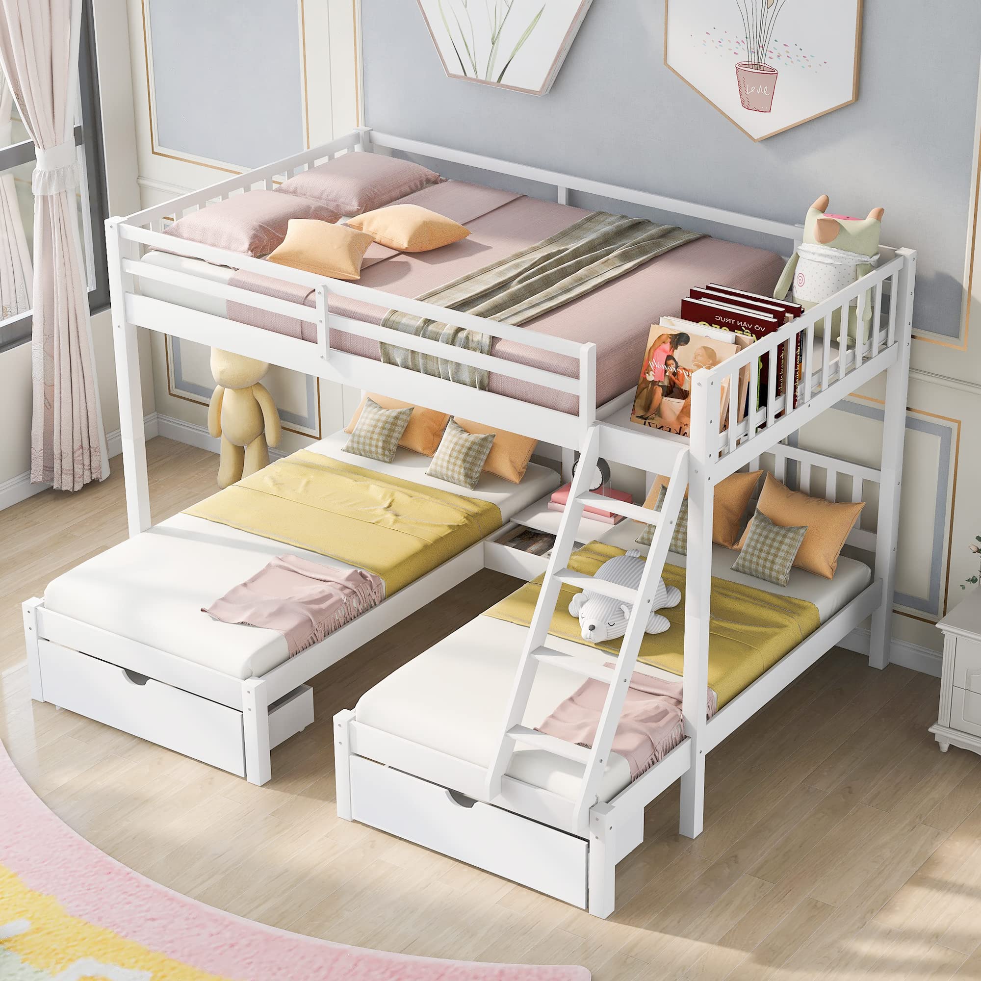 Wood Triple Bunk Bed with 3 Drawers & Guardrails - Full Over 2 Twin Bunk Bed for Family & Teens - No Box Spring Needed - Space Saving Kids Bedroom Furniture for Small Rooms & Vacation Homes