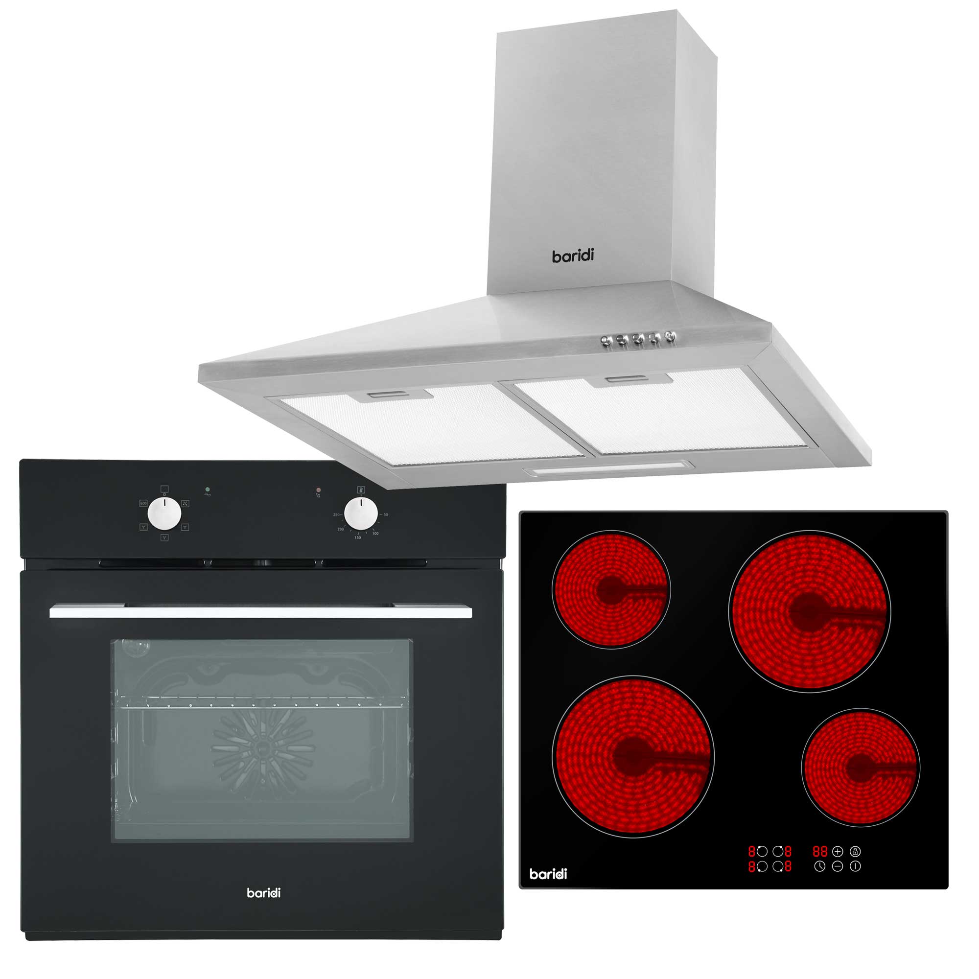 Baridi 4-Zone Ceramic Hob with 5-Function Fan Assisted Oven & Chimney Style Cooker Hood Bundle DH185 - Perfect for Modern Kitchens & Home Cooking