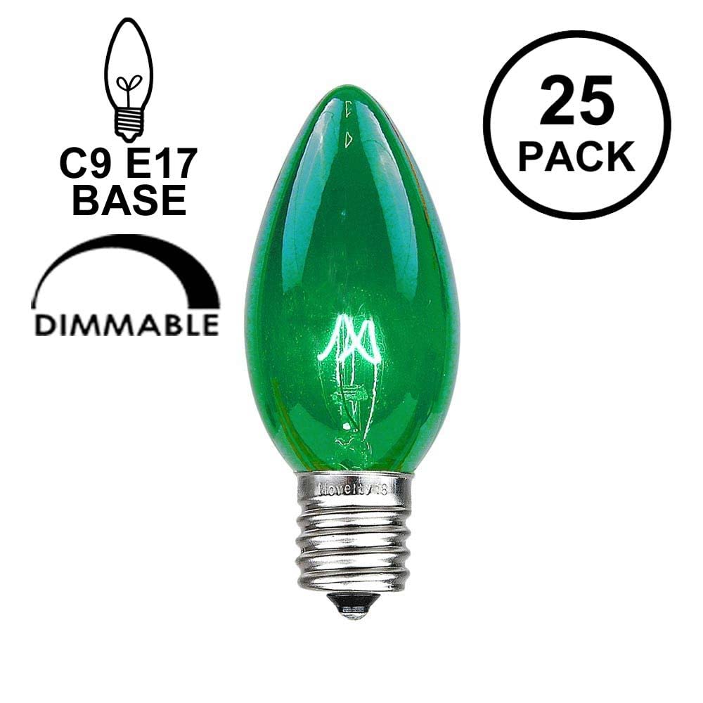 25 Pack Green C9/E17 Intermediate Base Christmas Lights - 7 Watt Incandescent Replacement Bulbs for Indoor/Outdoor Use - Perfect for Christmas Trees, Holiday Displays, and Festive Decorations