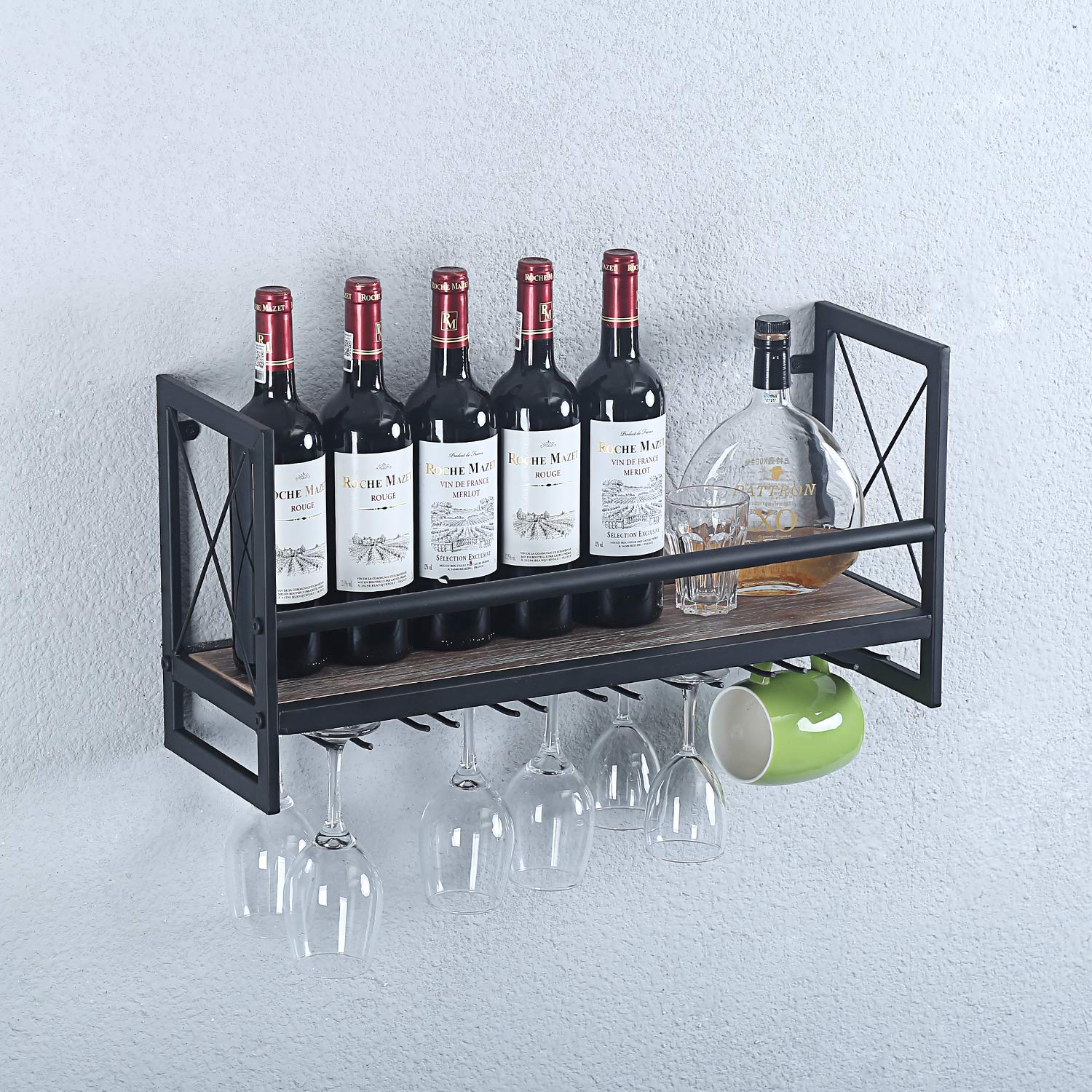 MBQQ Industrial Wall Mounted Wine Rack with Stemware Holders - 23.6 Inch Rustic Metal Hanging Wine Bottle Organizer with 7 Glass Holders & Wood Shelves - Perfect for Kitchen, Dining Room, Bar, and Home Decor