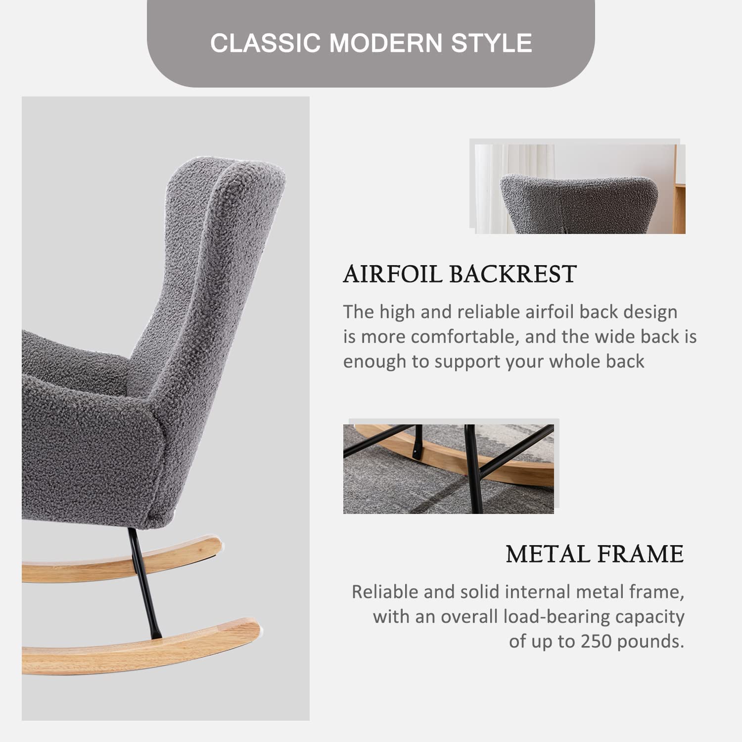 Modern Rocking Chair - Plush Upholstered Accent Chair with High Backrest & Armrests, Nursery Glider Rocker for Baby Room, Living Room & Bedroom (Grey) - Perfect for Nursing, Relaxing & Home Decor