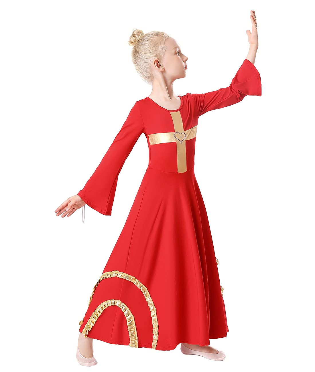 MYRISAM Girls Praise Cross Dance Robe Worship Dress - Bell Sleeve Metallic Ruffles Lyrical Liturgical Wide Swing Praisewear for Church Performances, Choir Concerts & Easter Celebrations