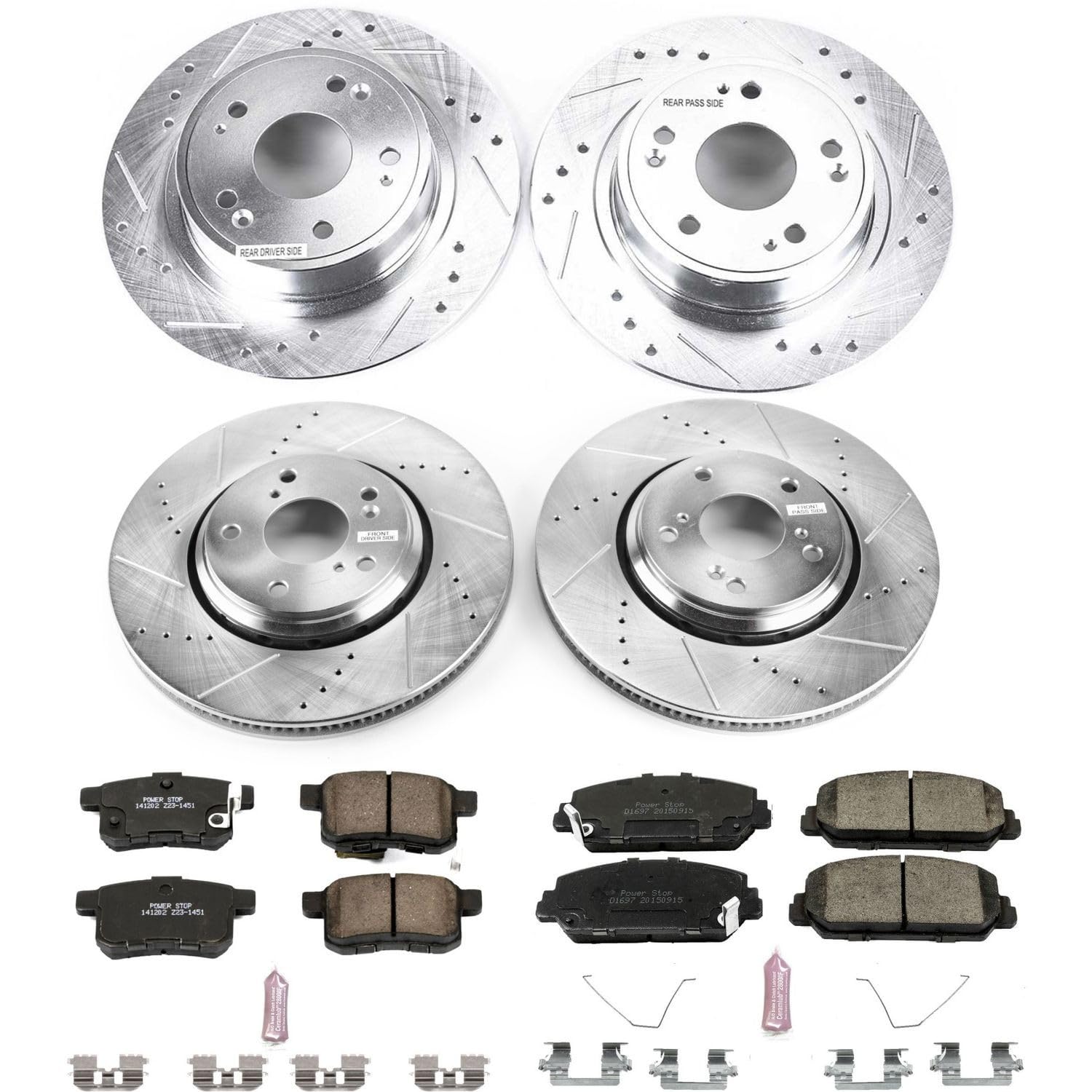 Power Stop K7348 Z23 Carbon Fiber Brake Pads & Drilled/Slotted Rotors Kit - Compatible with 2016-2017 Honda Accord | Front & Rear Brake Upgrade for Improved Stopping Power & Heat Dissipation | Perfect for Daily Commuting & Performance Driving