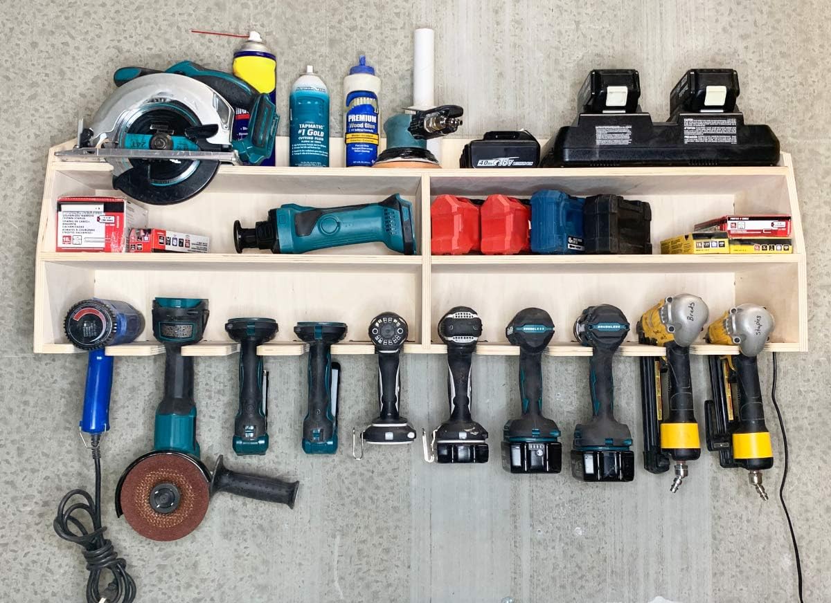 10-Slot Cordless Drill Tool Holder Organizer - Birch Plywood Storage Rack & Wall Mount Shelf for Workshop, Garage, and DIY Projects