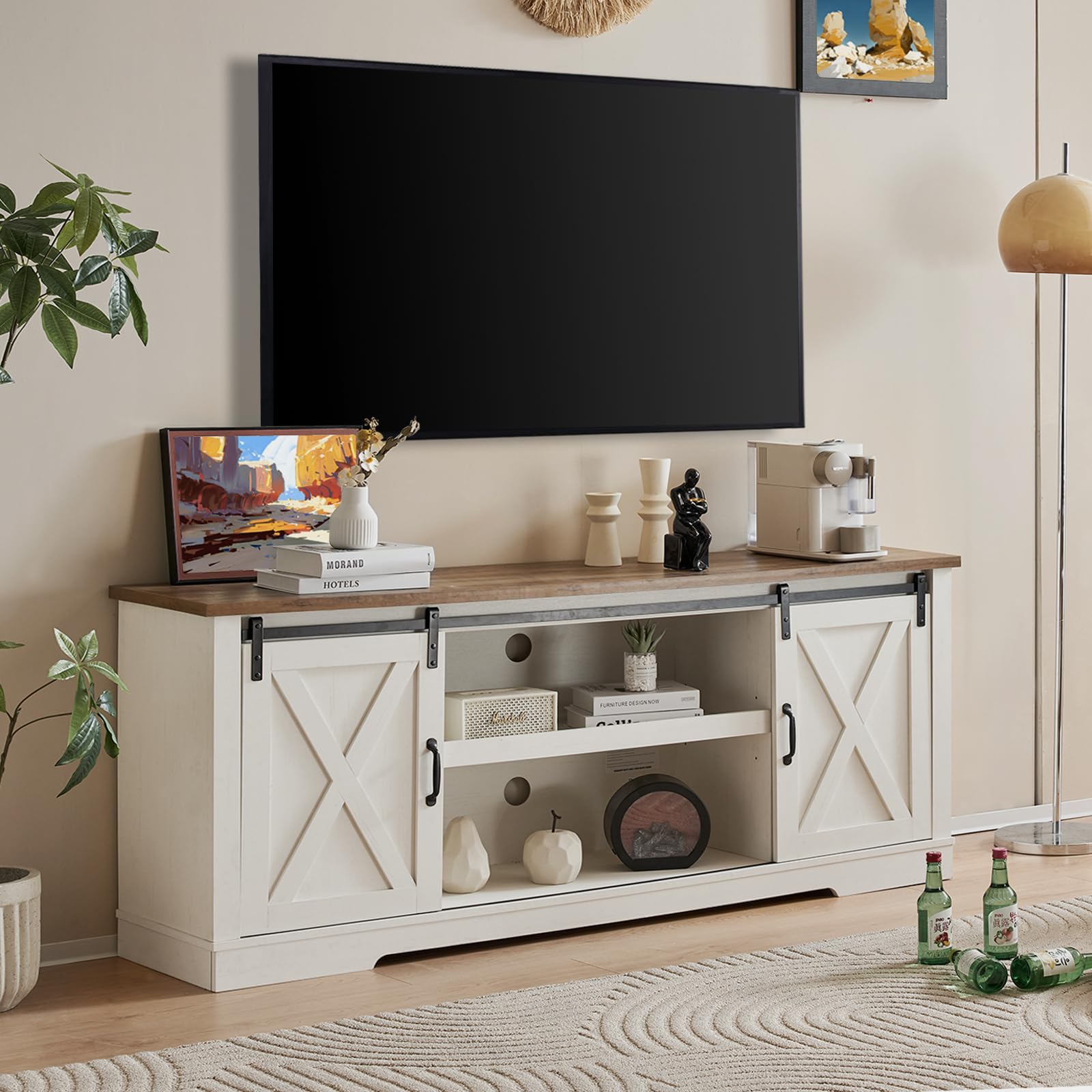 AMERLIFE 66 Inch Farmhouse TV Stand for 75 Inch TVs - Rustic Entertainment Center with Sliding Barn Doors, Adjustable Shelves & Leveling Feet - Distressed White Console Table with Storage - Perfect for Living Room, Home Theater & Rustic Decor