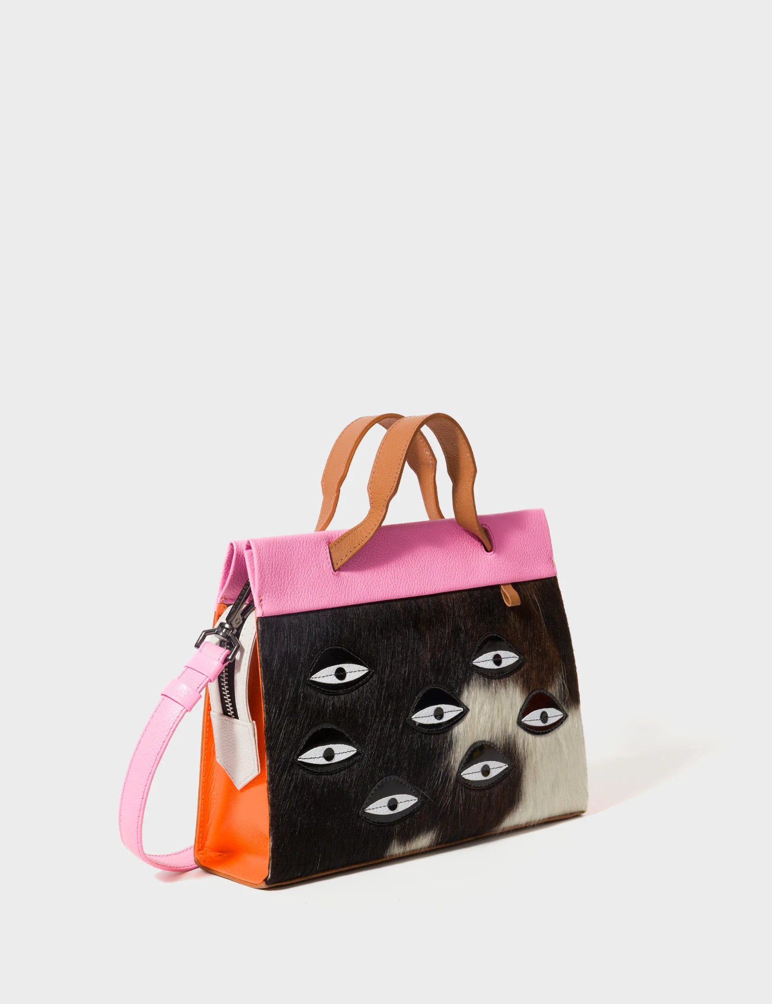 Vali Crossbody Small Bubblegum Pink & Neon Orange Leather Bag with Eyes Applique & Adjustable Handle - Stylish Women's Shoulder Purse for Daily Use, Shopping & Travel Accessories