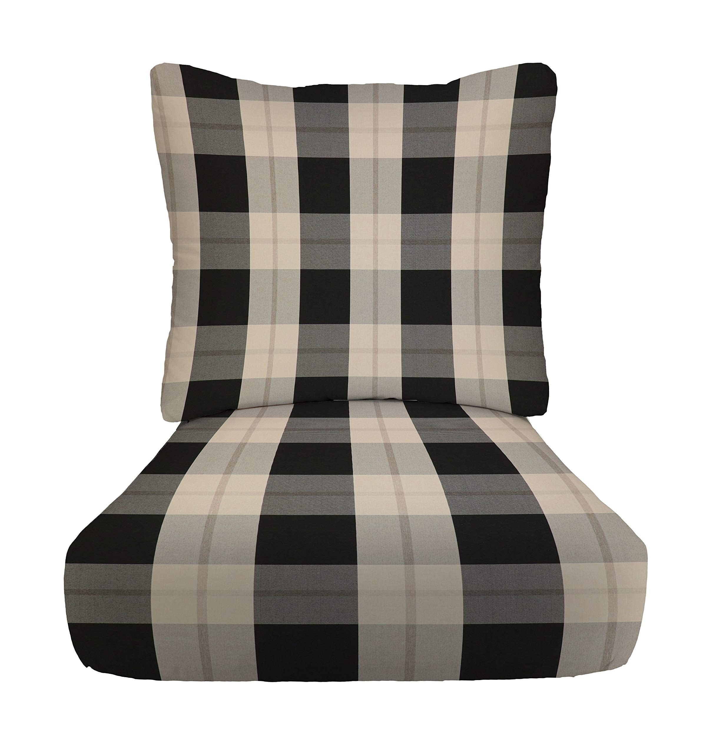 RSH DECOR: 23” x 24” Deep Seating Cushion with Pillow Back - All-Weather Spun Fabric, Water & Fade Resistant Outdoor Chair Cushion Set for Patio Furniture - Branson Pewter Plaid - Perfect for Garden, Deck, Poolside & Porch Relaxation