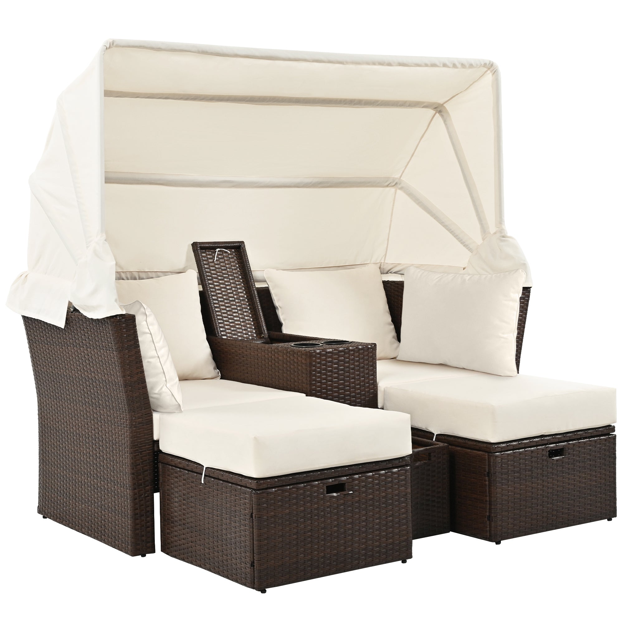 2 Seater Outdoor Patio Daybed with Foldable Awning & Cushions - Double Loveseat Sofa Set for Garden, Balcony, Poolside - Perfect for Relaxing, Sunbathing & Outdoor Lounging (Beige)