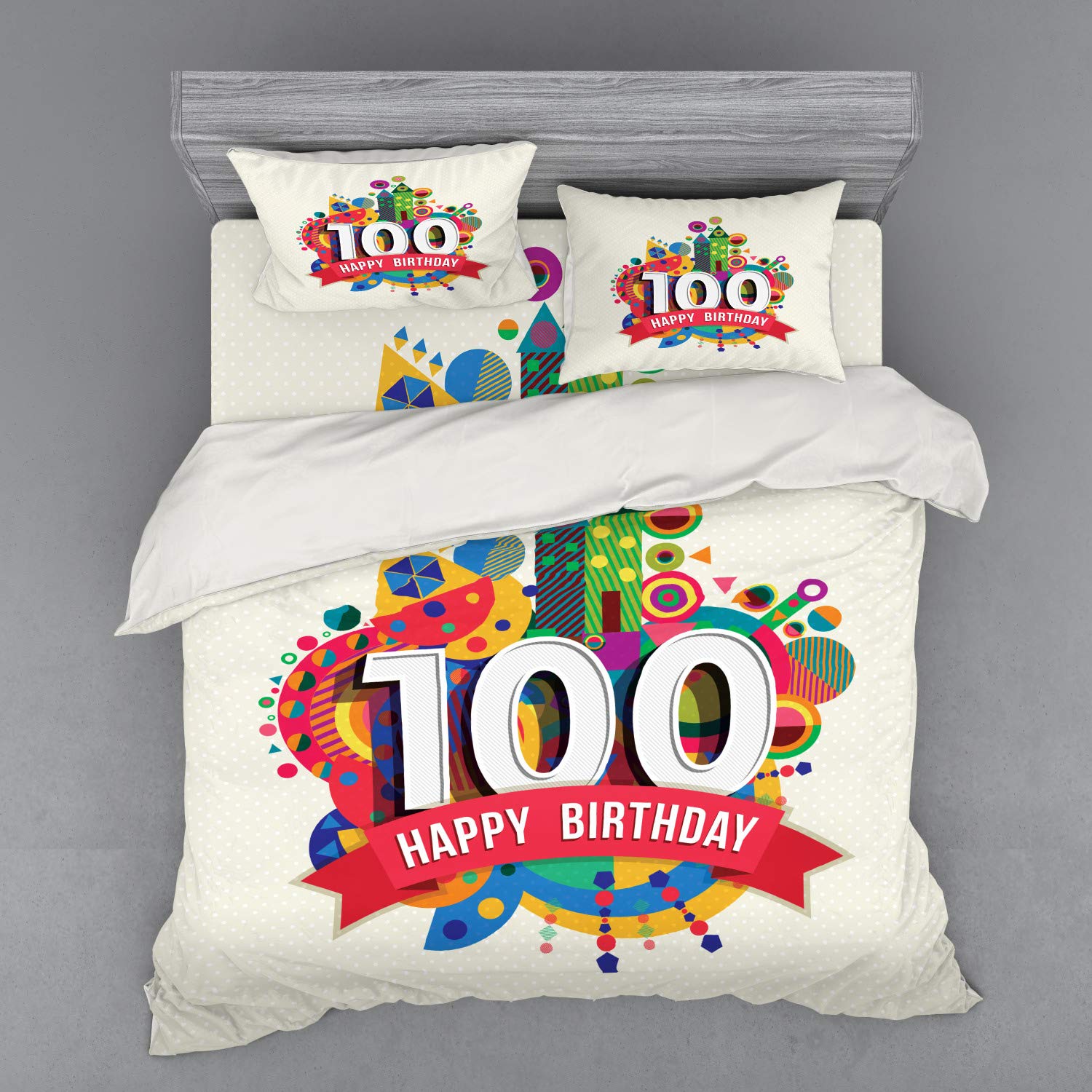 Ambesonne 100th Birthday Bedding Set - King Size 4-Piece Duvet Cover with Shams & Fitted Sheet - Geometric Abstract Digital Print with Castle & Boat Design - Multicolor for Birthday Party Decorations & Special Occasion Gift