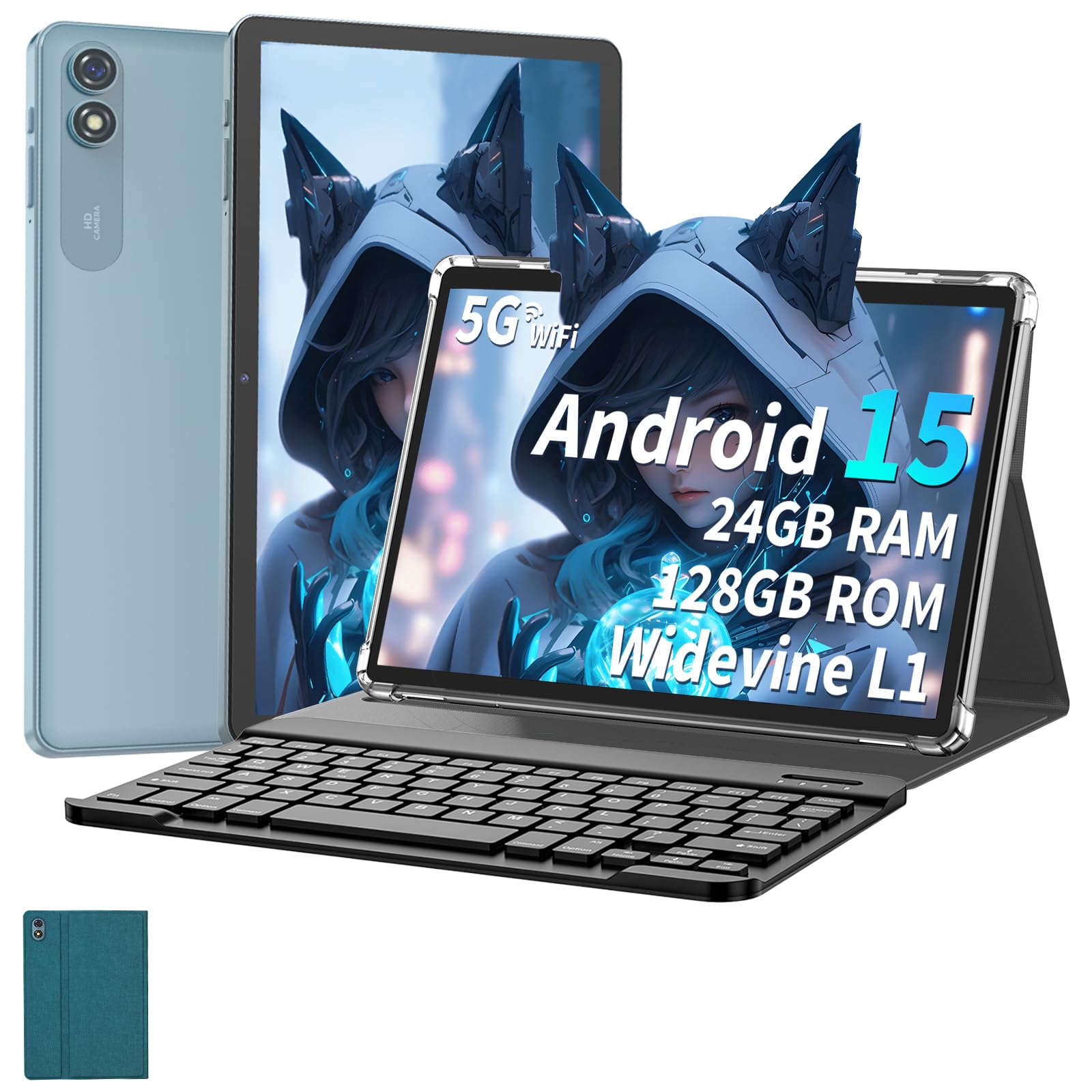 2025 10-Inch Android 15 Tablet with Keyboard - 24GB RAM 128GB ROM (1TB Expandable) Octa-Core Processor, 5G/2.4G WiFi, 8000mAh Battery, Bluetooth 5.0 - Includes Protective Case, Wireless Mouse & Stylus (Green) - Perfect for Work, Study & Entertainment with Split-Screen Feature