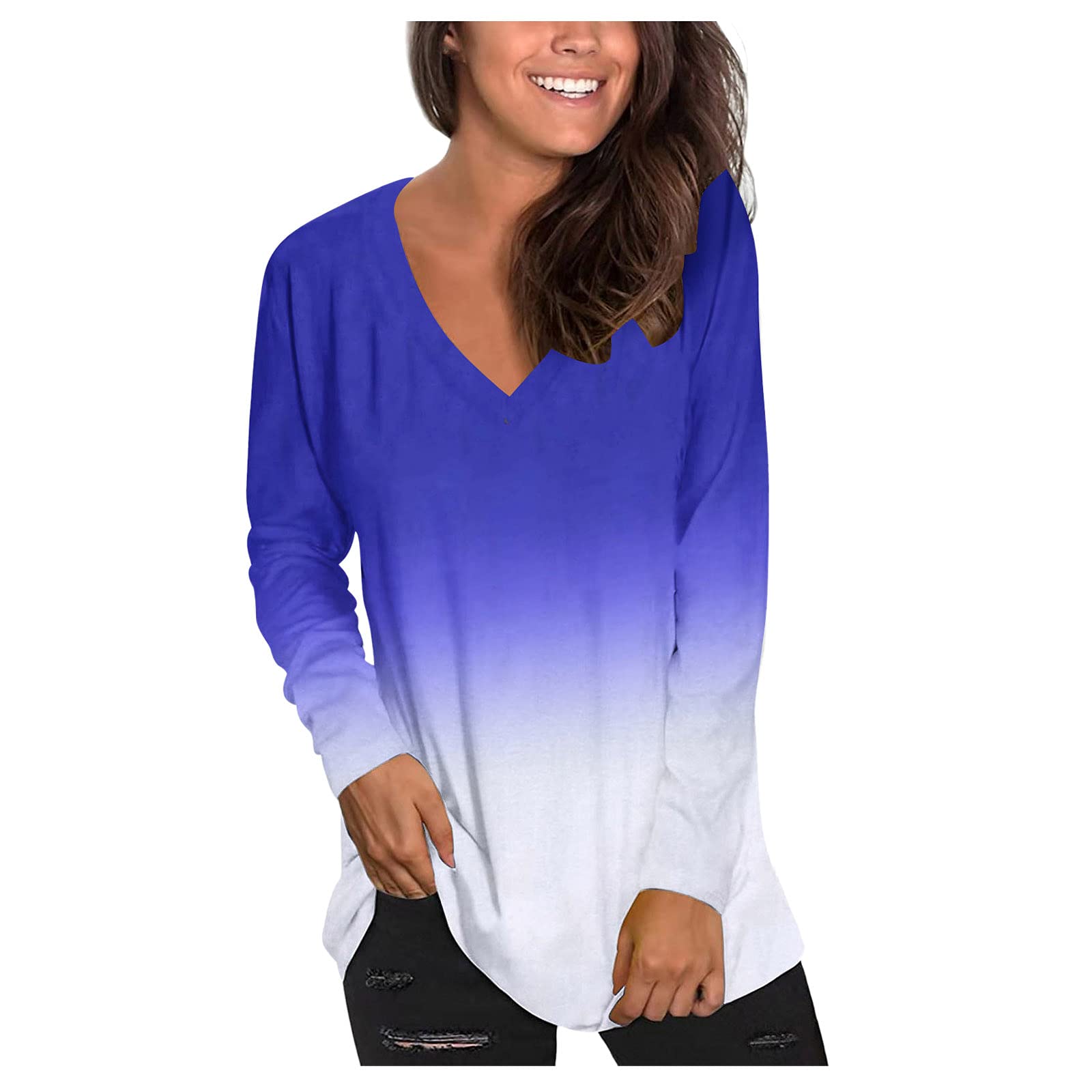 Women's Fashion V-Neck Long Sleeve Gradient Print Casual T-Shirt Blouse - Stylish Mock Neck Top for Everyday Wear | Perfect for Office, Dating & Weekend Outfits