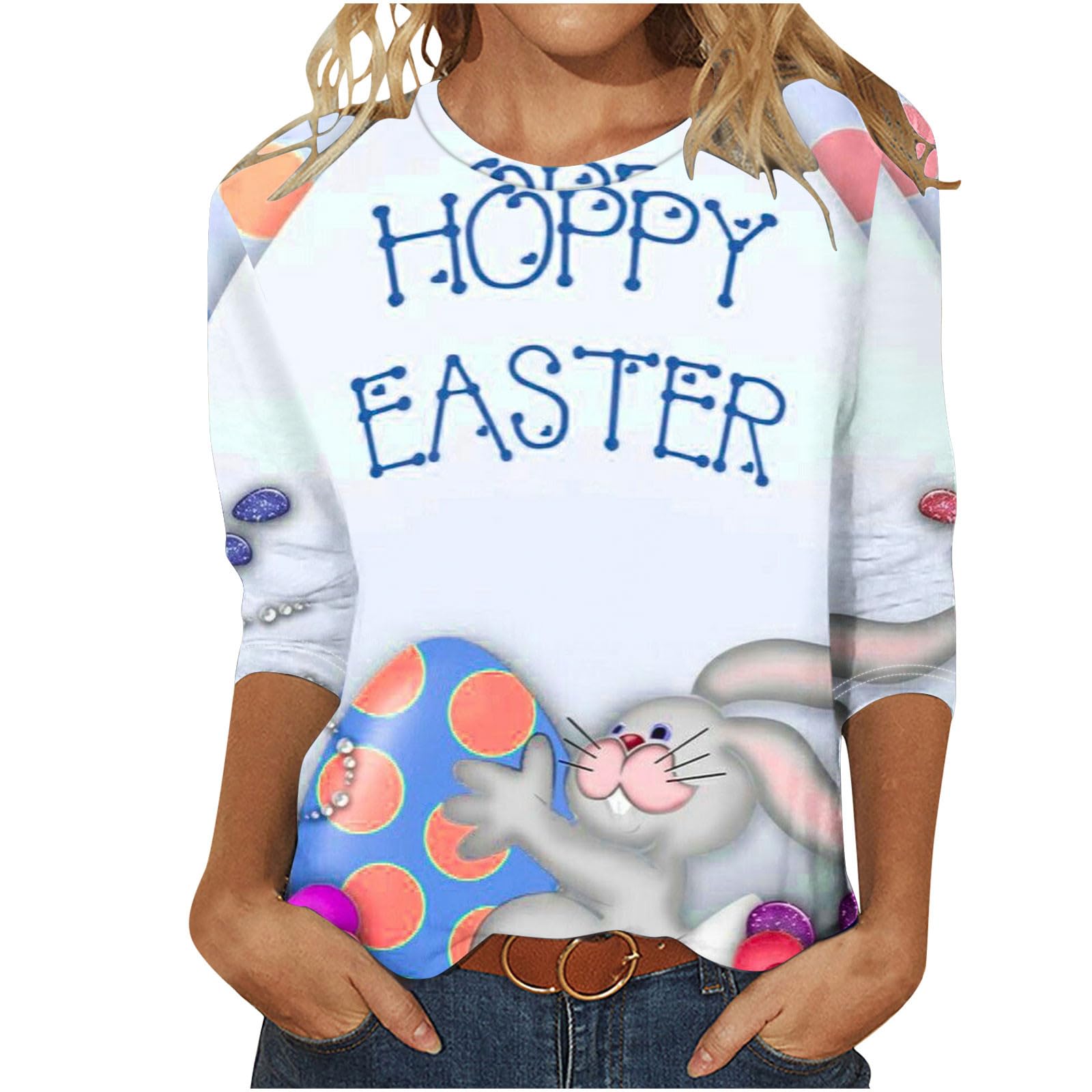 Binmer Women's Plus Size Easter Bunny Print 3/4 Sleeve T-Shirt - Funny Rabbit Graphic Casual Crewneck Blouse for Spring Celebrations & Family Gatherings