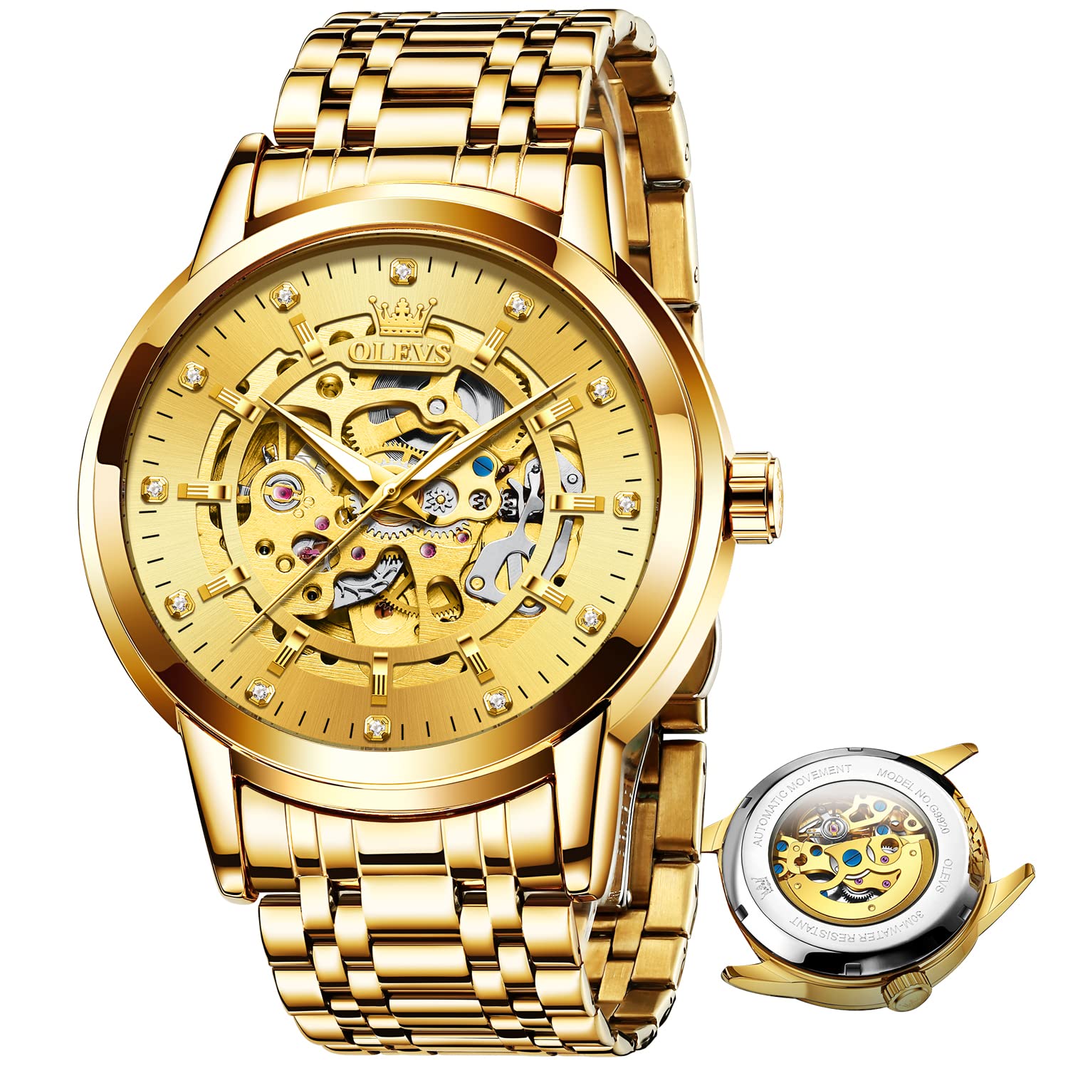 OLEVS Automatic Skeleton Watches for Men - Luxury Mechanical Gold Wristwatch with Diamond Accents, Stainless Steel Case, Waterproof & Luminous - Perfect for Business, Formal Events & Everyday Wear