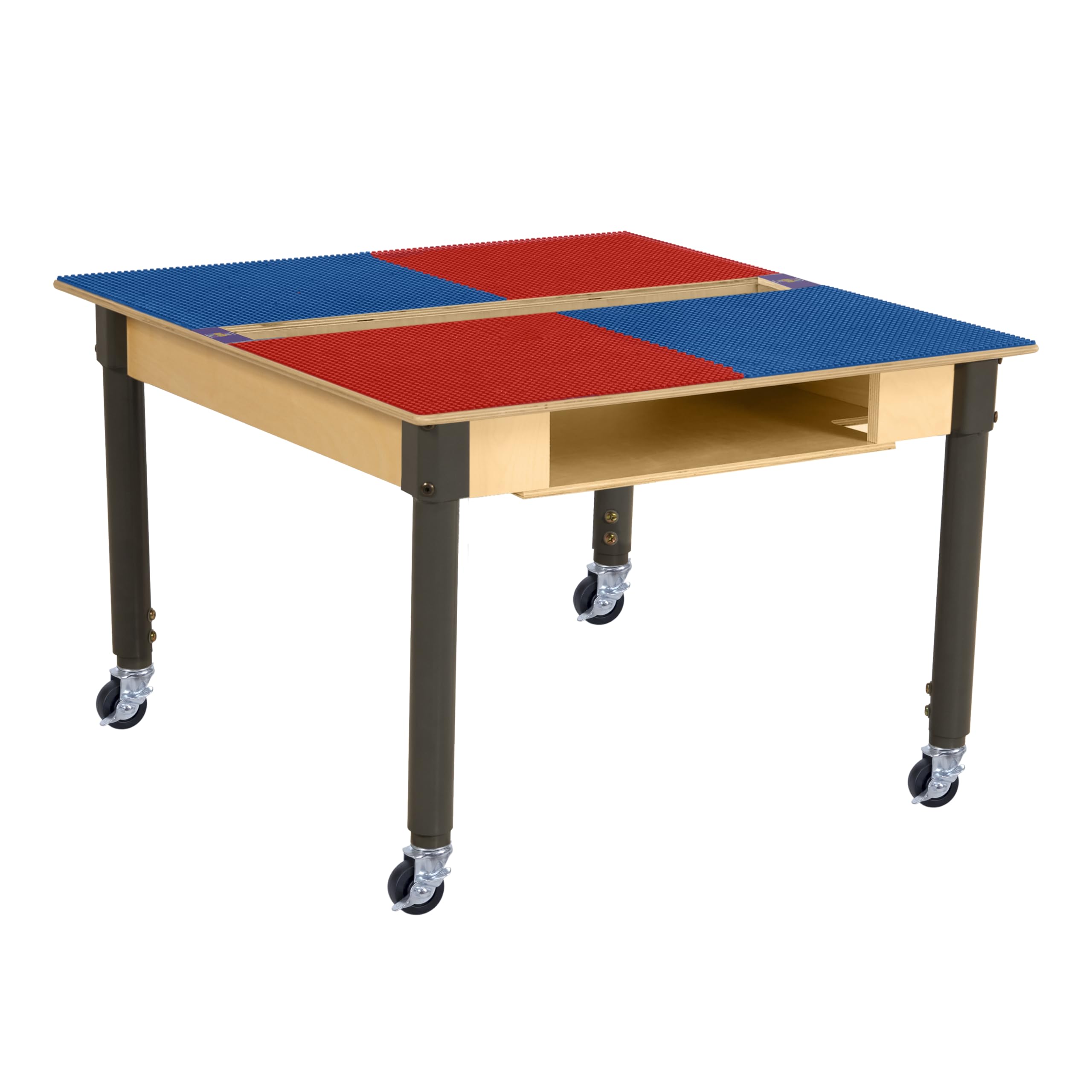 Montessori Lego Compatible Kids Play Table - 35” x 31” Adjustable Height Building Blocks Activity Table with Storage Trough | Solid Birch Plywood Surface | Red & Blue Design for Toddlers 18-29