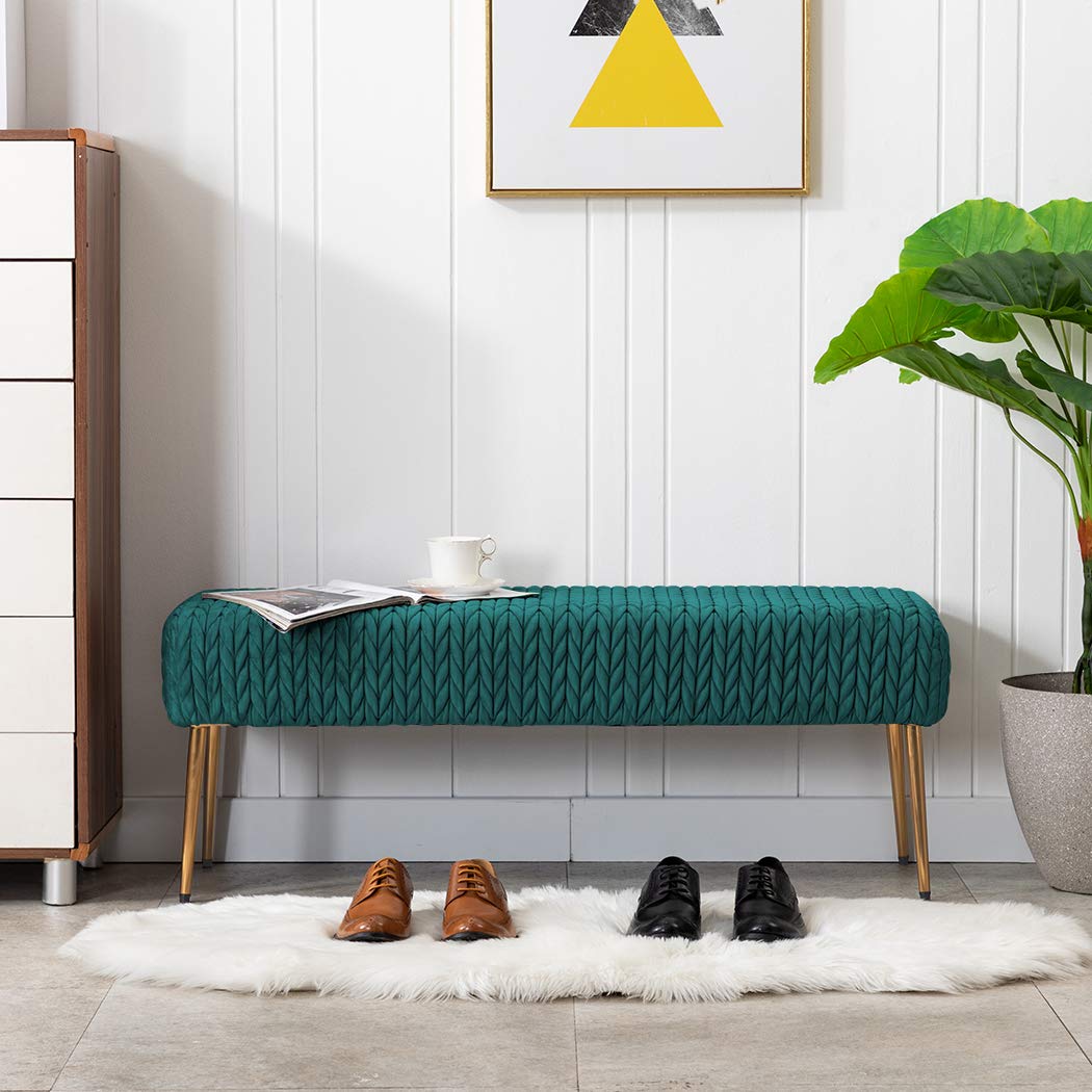 DUHOME Modern Velvet Ottoman Bench with Gold Legs - Upholstered Entryway, Living Room, Bedroom & Dining Bench - Soft Padded Seat for Bed End, Kitchen & Vanity - Atrovirens Green - Perfect for Small Spaces, Hallway Decor & Cozy Seating