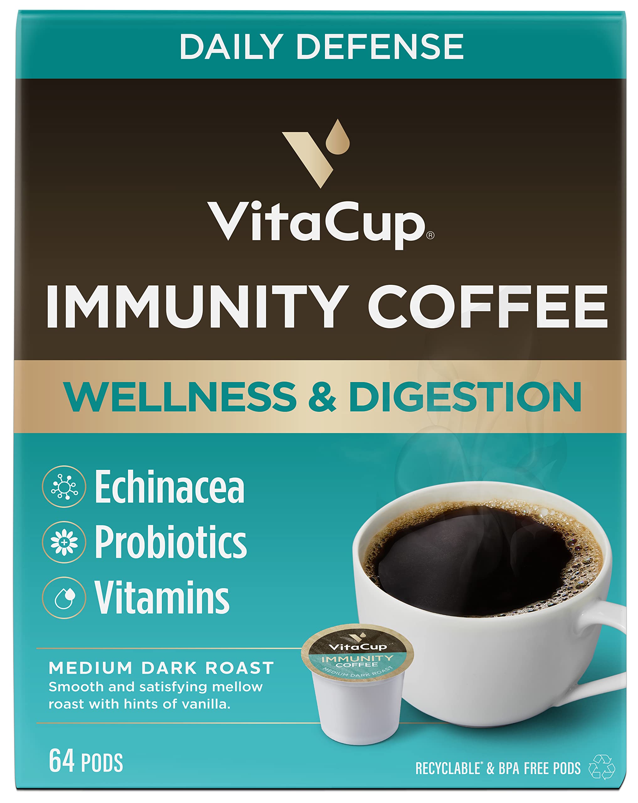 VitaCup Immunity Coffee Pods - Antioxidant Rich Medium Dark Roast with Echinacea, Probiotics, Vitamins C & D3 | 64 Recyclable K-Cups Compatible with Keurig Brewers | Boost Wellness for Busy Mornings & Workdays