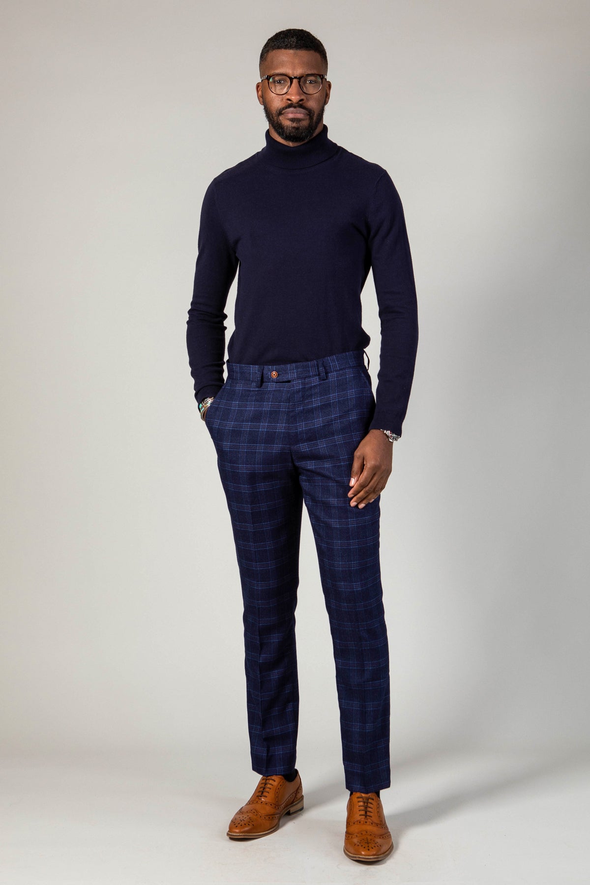 CHIGWELL Blue Tweed Check Pants for Women - Classic Plaid Trousers with Comfort Fit - Perfect for Office, Business Casual & Winter Outfits