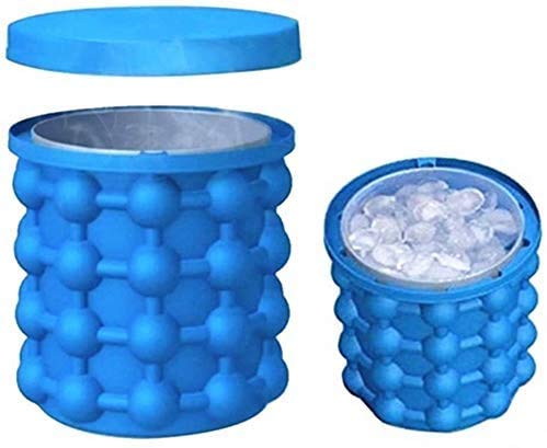 BULUSHI Large 2 in 1 Silicone Ice Bucket & Ice Mold with Lid - Reusable Ice Cube Tray for Cocktails, Whiskey, and Beverages - Portable Blue Ice Cube Maker (13.2X13.2X14CM) - Perfect for Parties, BBQs, and Home Bars