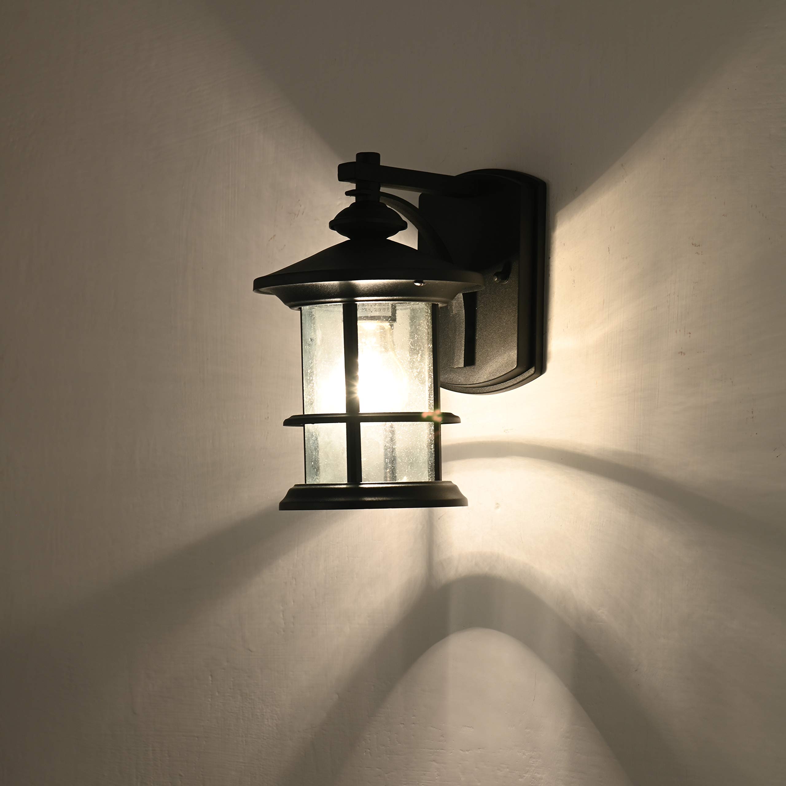 Textured Black Outdoor Wall Sconce Light with Clear Seedy Glass - 12.5 Inch Large Exterior Lighting Fixture for House, Front Porch, Patio, Backyard - Perfect for Ambient Lighting and Enhancing Curb Appeal