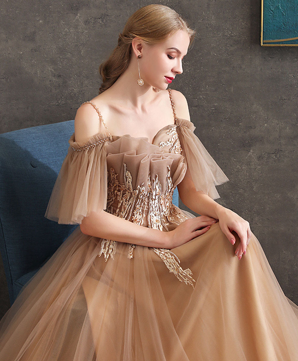 Elegant Champagne Tulle Lace Long Prom Dress - Formal Evening Gown for Homecoming, Ball, Wedding & Special Occasions