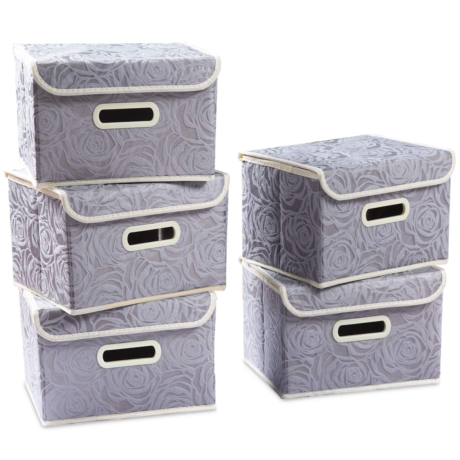 PRANDOM 5-Pack Stackable Fabric Storage Bins with Lids & Handles - 9.8x7.9x6.7 Inch Decorative Organizer Boxes for Bedroom, Closet & Living Room - Grey Storage Cubes with Dividers for Home Organization