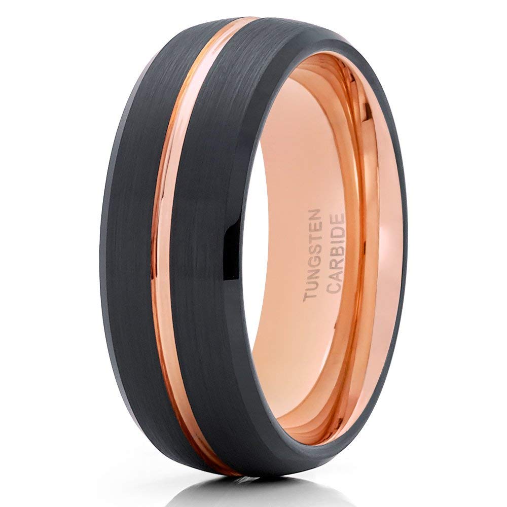 Rose Gold Tungsten Wedding Band for Men & Women - Black Tungsten Ring with 18K Rose Gold Plating - Comfort Fit Anniversary & Engagement Ring - Perfect for Weddings, Proposals & Special Occasions