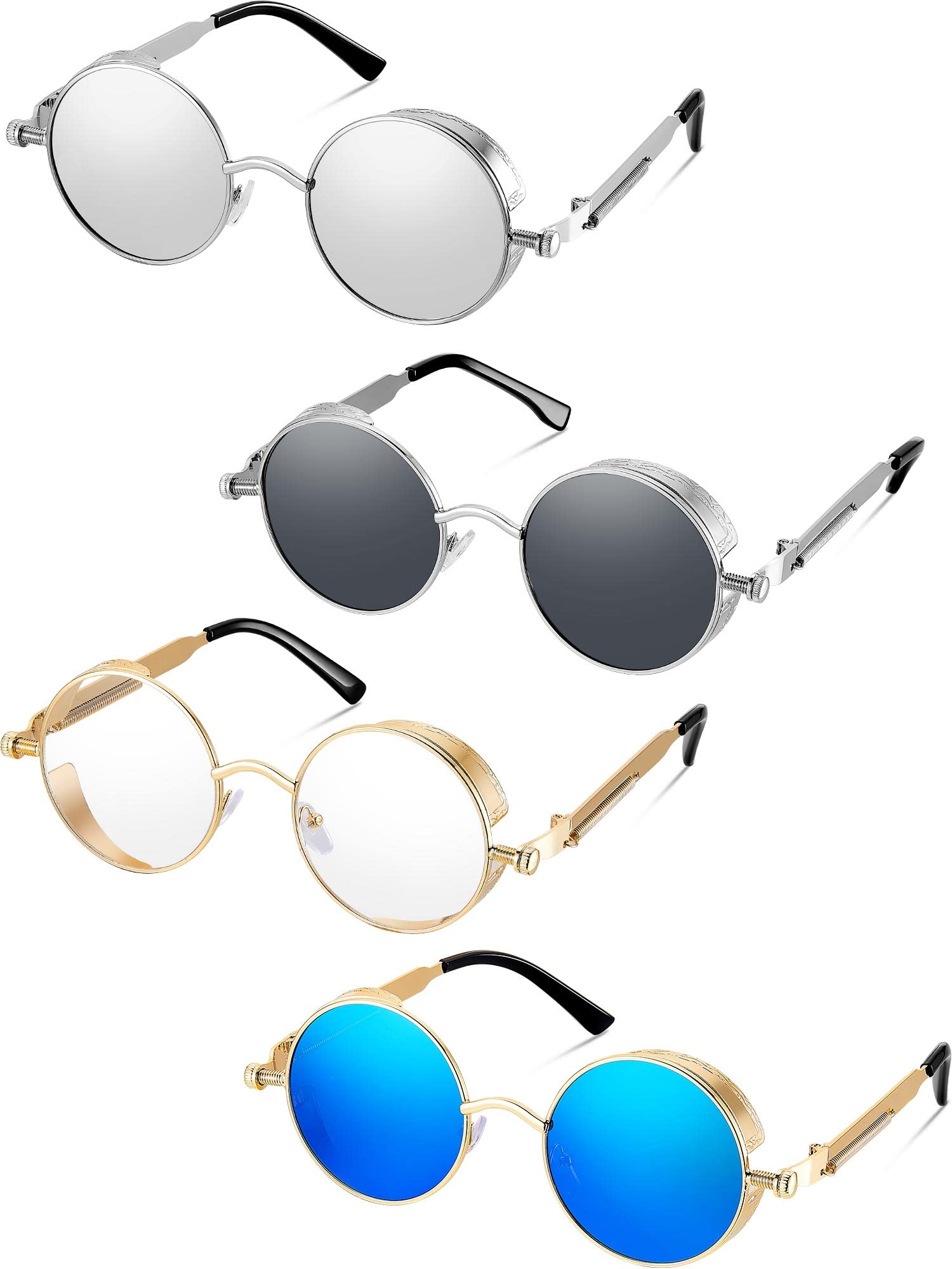 Frienda 4-Piece Retro Steampunk Sunglasses Set - Vintage Gothic Round Eyewear for Men & Women - Perfect for Cosplay, Halloween Costumes & Christmas Gifts