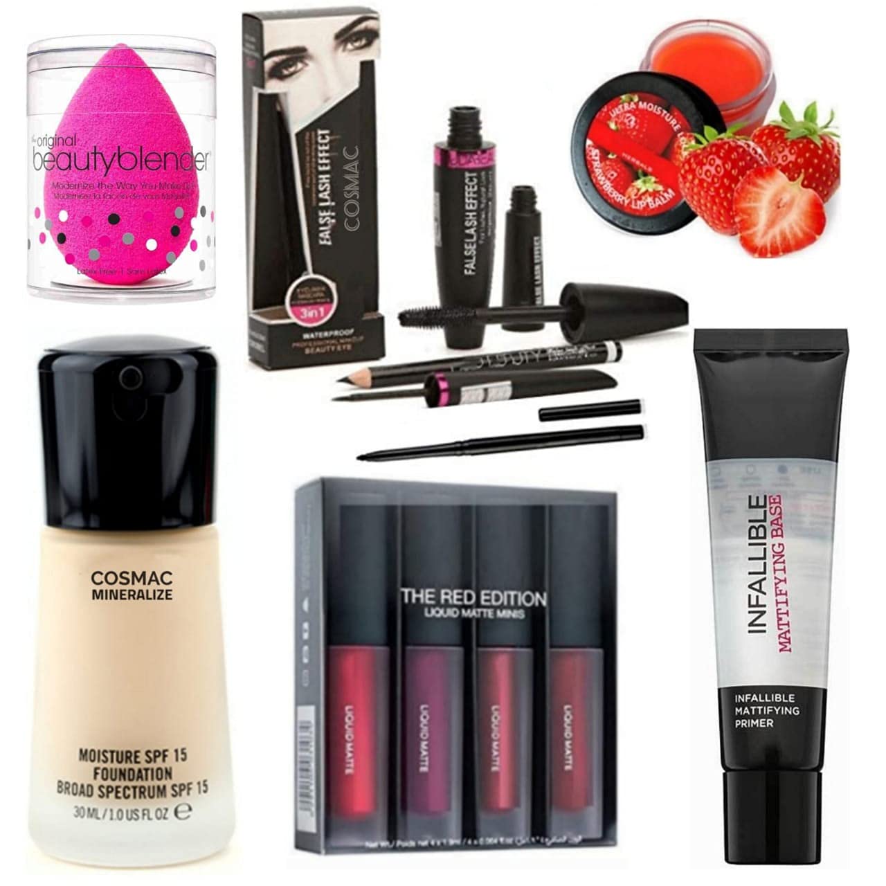 Professional COSMAC Makeup Kit - Mineralize Foundation, Primer, Waterproof Eyeliner, Mascara, Eyebrow Pencil, Smudge Proof Kajal & Red Edition Lipstick (4-Piece Set) with Makeup Blender & Strawberry Lip Balm (12-Piece Set) - Perfect for Daily Makeup, Special Occasions & Travel