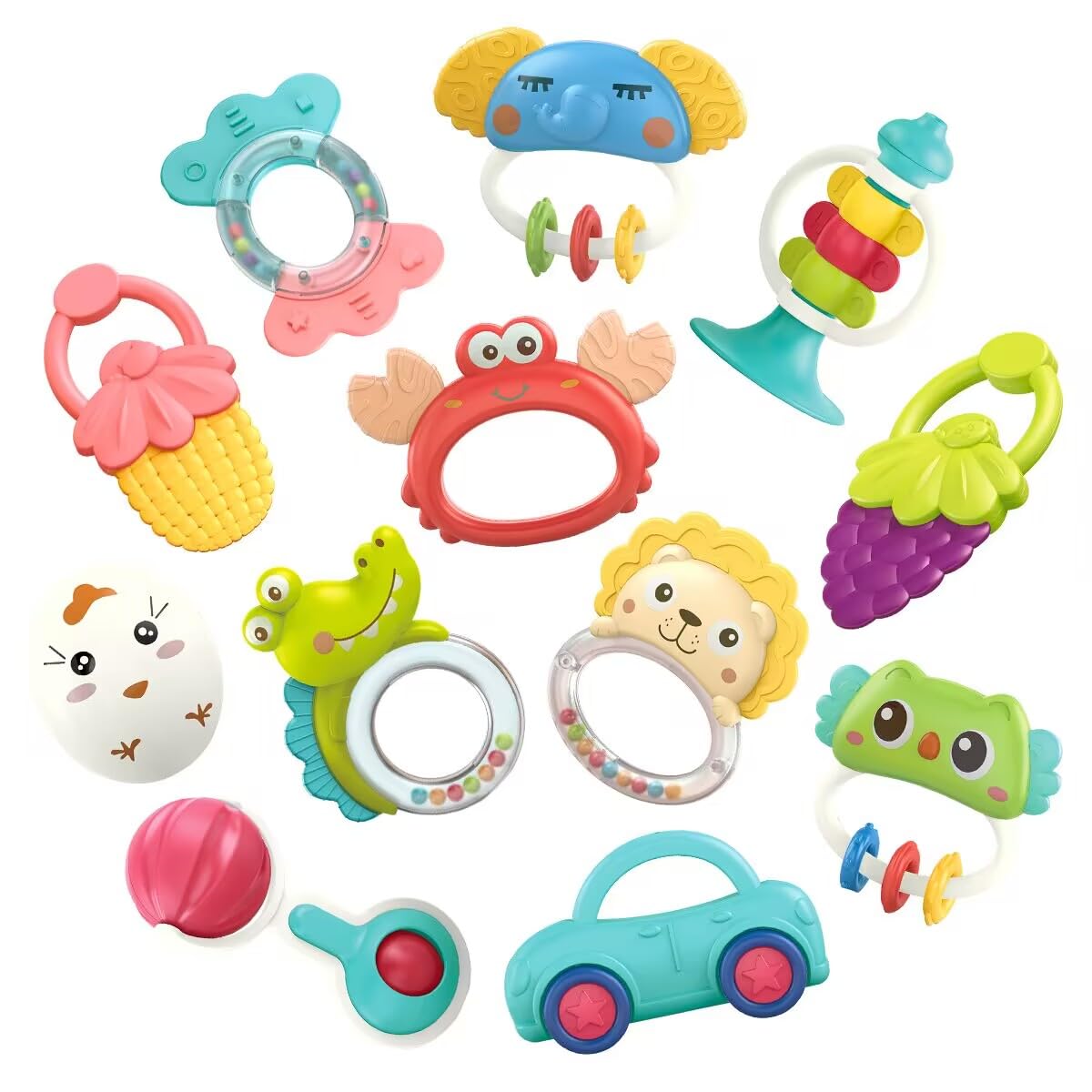 Qizebaby 12PCS Baby Rattles & Teething Toys Set for 0-12 Months - Sensory Learning Toys with Music, Shaker, Grab & Spin Features - Perfect for Newborns, Infants, Toddlers (Boys & Girls) - Great for Early Development, Playtime & Soothing Teething Pain