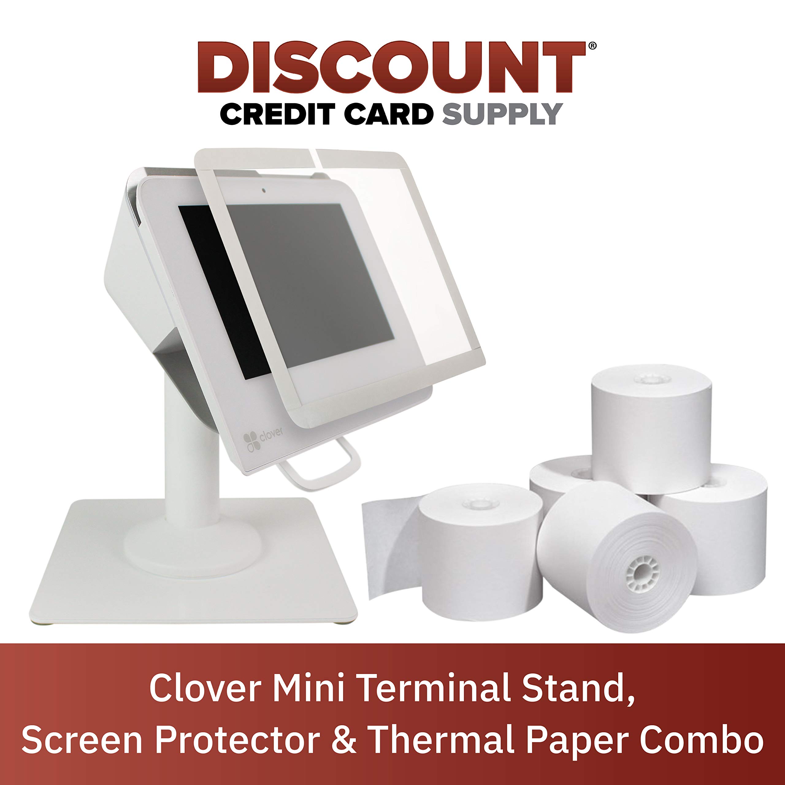 DCCStands Freestanding Swivel & Tilt Clover Mini/Clover Mini 3 Terminal Stand with 10 Rolls Thermal Paper & Screen Protector - Perfect for Coffee Shops, Restaurants, and Retail POS Systems