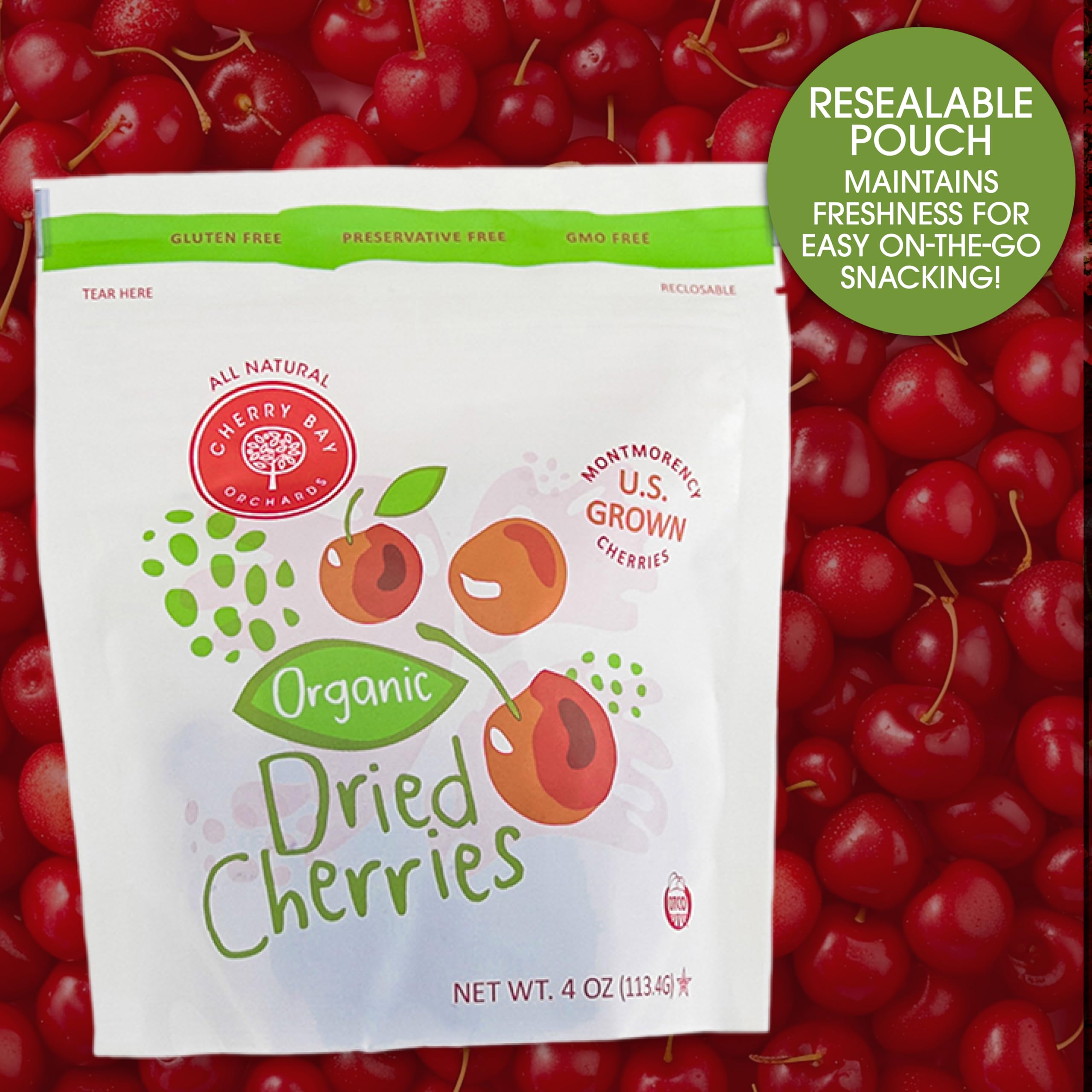 Organic Dried Montmorency Cherries by Cherry Bay Orchards - 4oz Resealable Pouch, US Grown, No Pesticides, Non-GMO, Gluten Free, USDA Certified - Perfect for Baking, Snacking & Trail Mixes