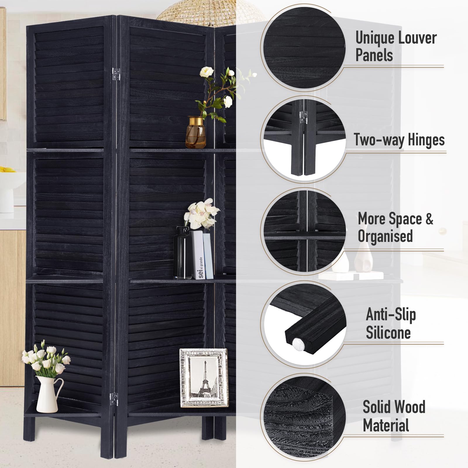 6 Panel Wood Room Divider - 5.6 Ft Tall Folding Privacy Screen with Shelves | Black Partition Wall for Home Office, Bedroom & Living Room | Space Separator for Privacy & Organization