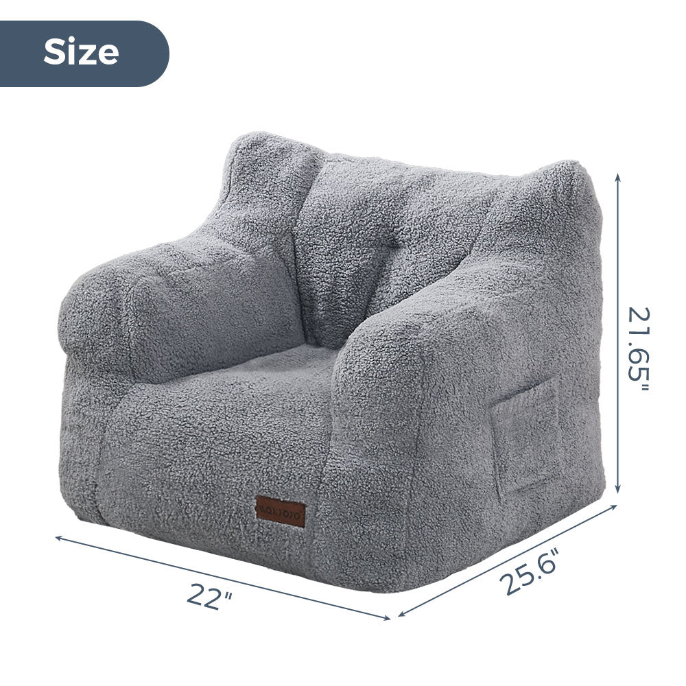 MAXYOYO Kids Sherpa Bean Bag Chair - Soft Teddy Lazy Sofa for Boys & Girls, Grey - Cozy Reading Nook & Playroom Seating for Children's Bedroom