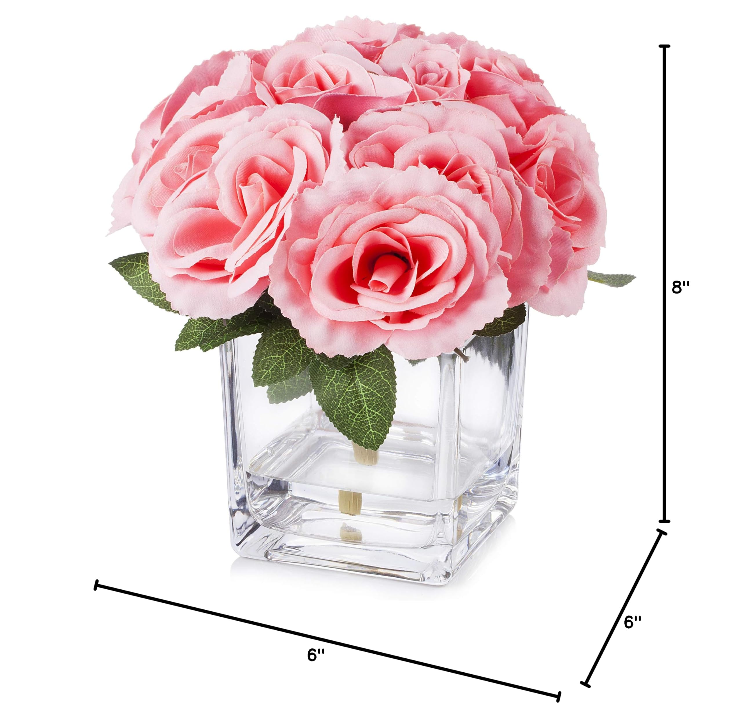 ENOVA HOME Artificial Velvet Rose Flower Arrangement in Clear Cube Glass Vase with Faux Water - Elegant Home & Office Decor, Wedding Centerpiece, Tabletop Display (Pink)