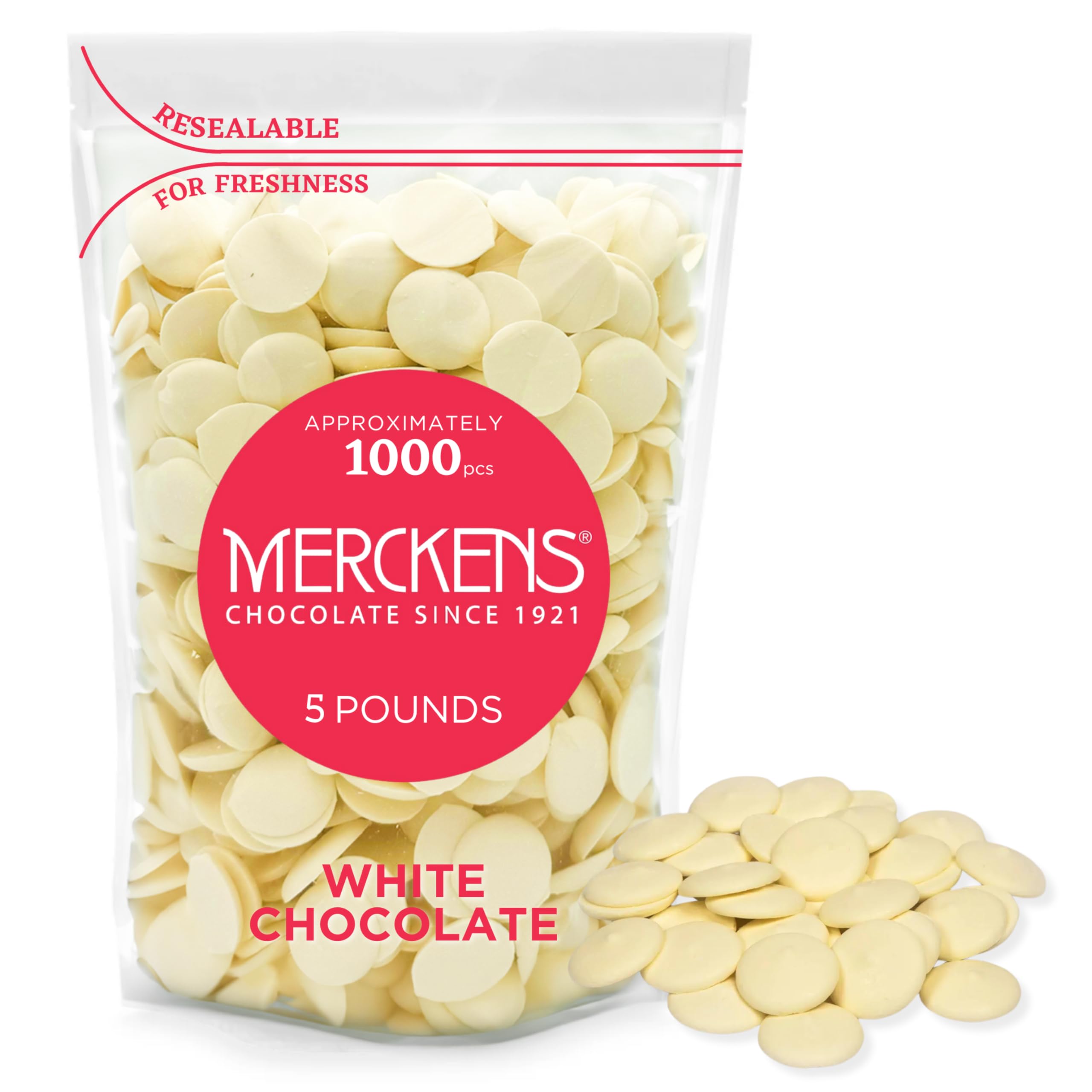 Premium Merckens White Chocolate Melts - 5 Pound Bulk (80 oz) - High-Quality Melting Wafers for Baking, Cake Pops, Chocolate Fountain & Desserts - Resealable Bag for Freshness - Perfect for Home Bakers, Candy Making & Professional Chefs - Ideal for Parties, Weddings & Holiday Treats