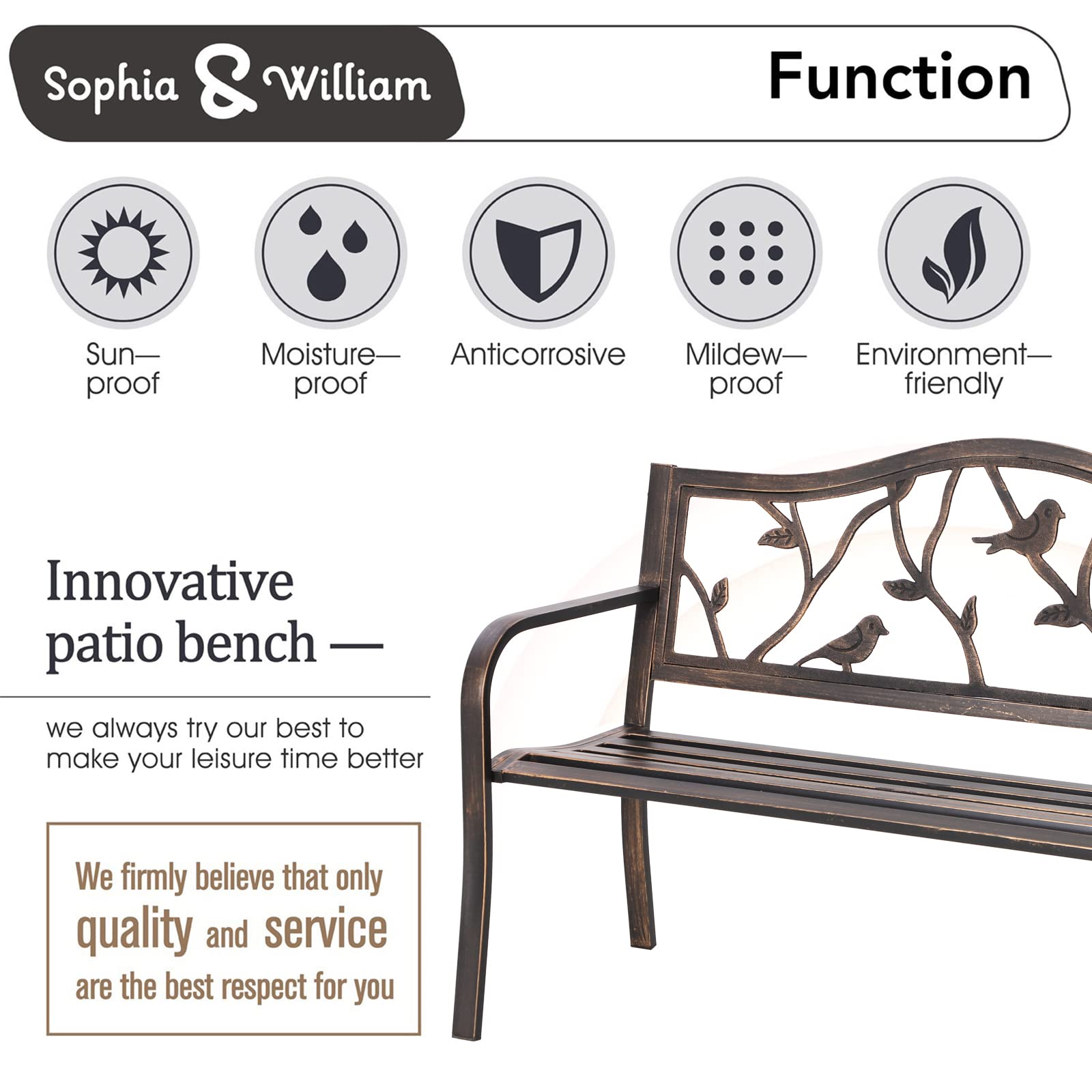 Sophia & William Wrought Iron Outdoor Bench with Backrest & Armrests - Patio, Porch, Garden Seating Furniture in Bronze Finish for Relaxing Outdoors