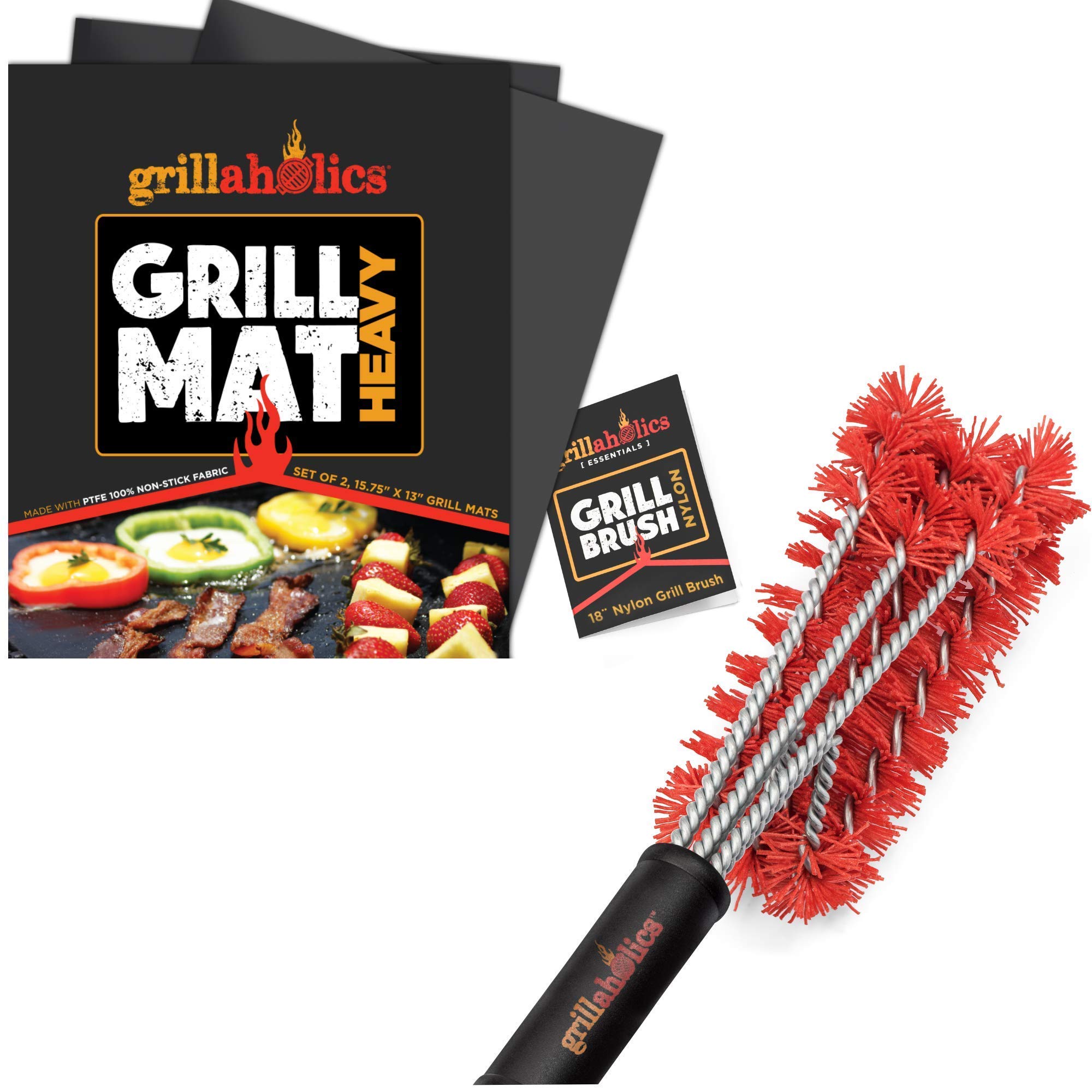 Grillaholics Essentials Heavy Duty Nylon Grill Brush & Non-Stick BBQ Grill Mat Set - Perfect for Outdoor Grilling, Backyard BBQs, and Camping Cooking Accessories