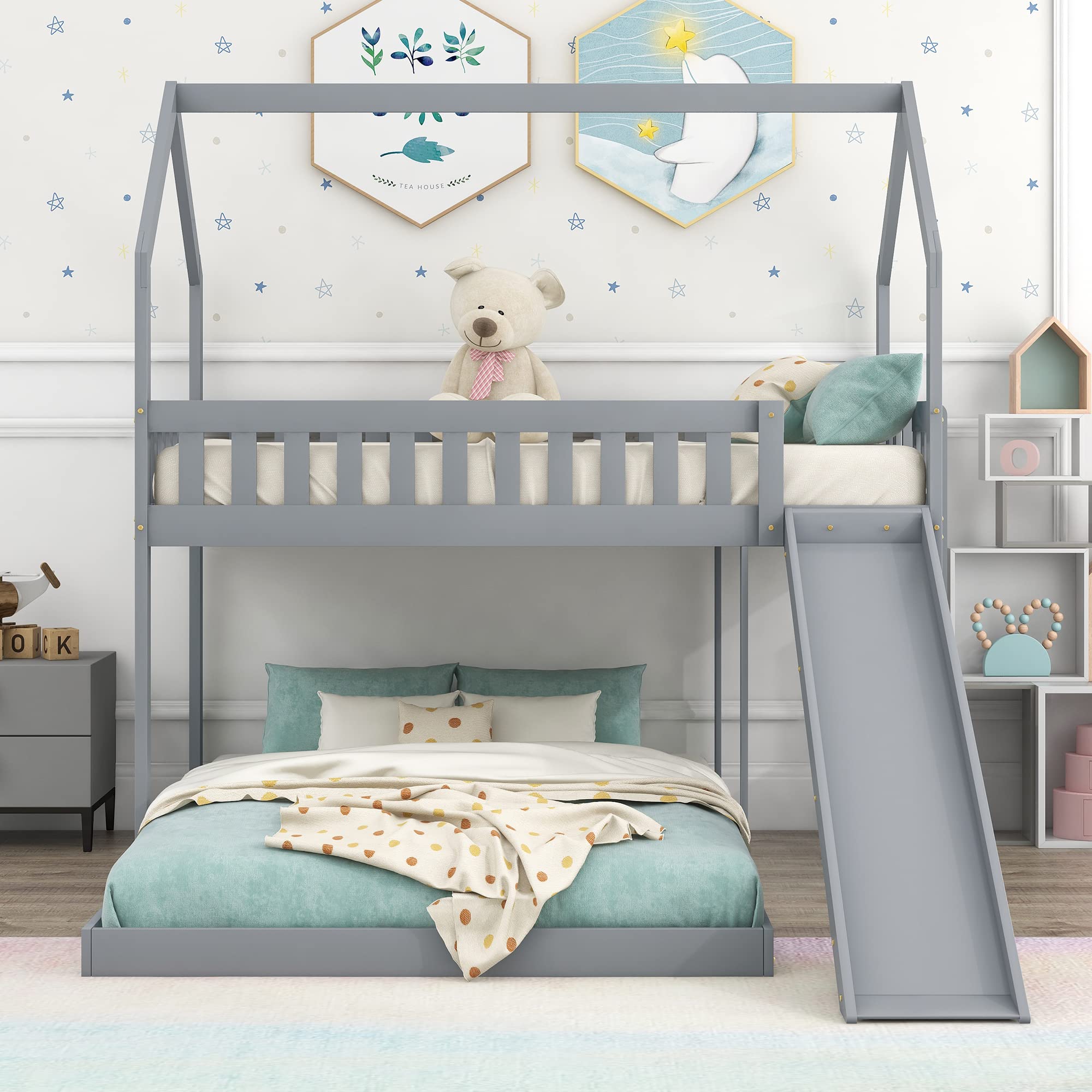 LZ LEISURE ZONE Twin Over Full Bunk Bed with Slide - Sturdy House Bunk Bed Frame with Built-in Ladder & Full-Length Guardrail - Perfect for Kids, Teens & Adults - Space-Saving Grey Loft Bed for Small Rooms, Dorms & Shared Kids' Bedrooms