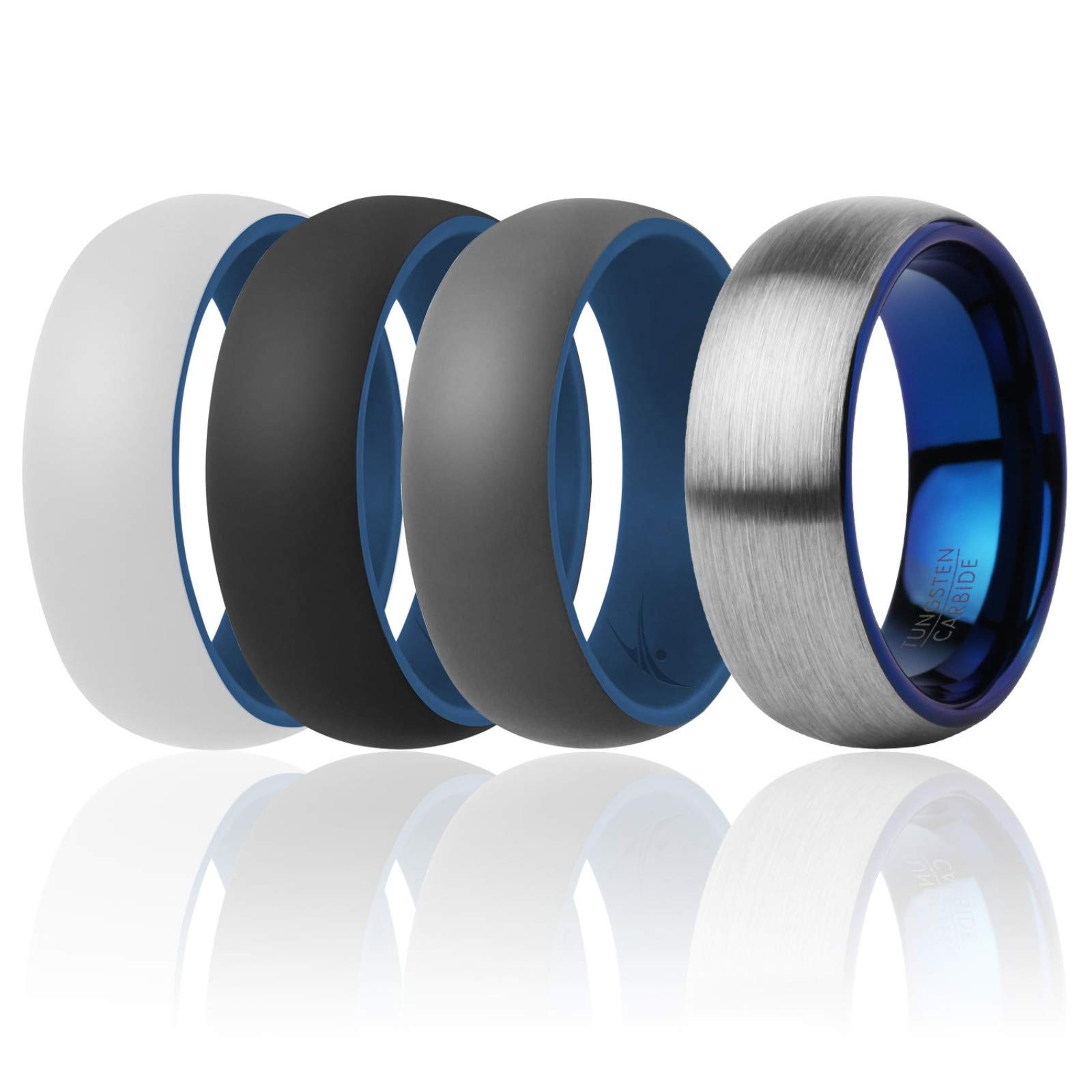 ROQ Silicone Rubber Wedding Rings for Men - 8mm Wide Comfort Fit Tungsten Carbide & Dome Style Band Set (4 Pack, Multi Colors) - Perfect for Active Lifestyles, Gym, Swimming, Travel & Outdoor Adventures