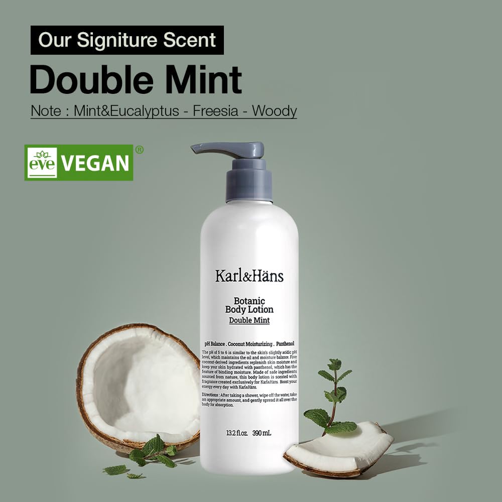 Karl & Hans Botanic Double Mint Vegan Body Wash & Body Lotion Set - Organic, Cruelty-Free for Men & Women - Refreshing Shower & Moisturizing Skincare Routine